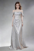 Phoehua Silver Glitter Off‑The‑Shoulder Puff Short Sleeve A‑Line Maxi Evening Gown, Front View High‑Waist Corset Lace‑Up Back Elegant Formal Wedding Guest Prom Dress With Sweep Train
