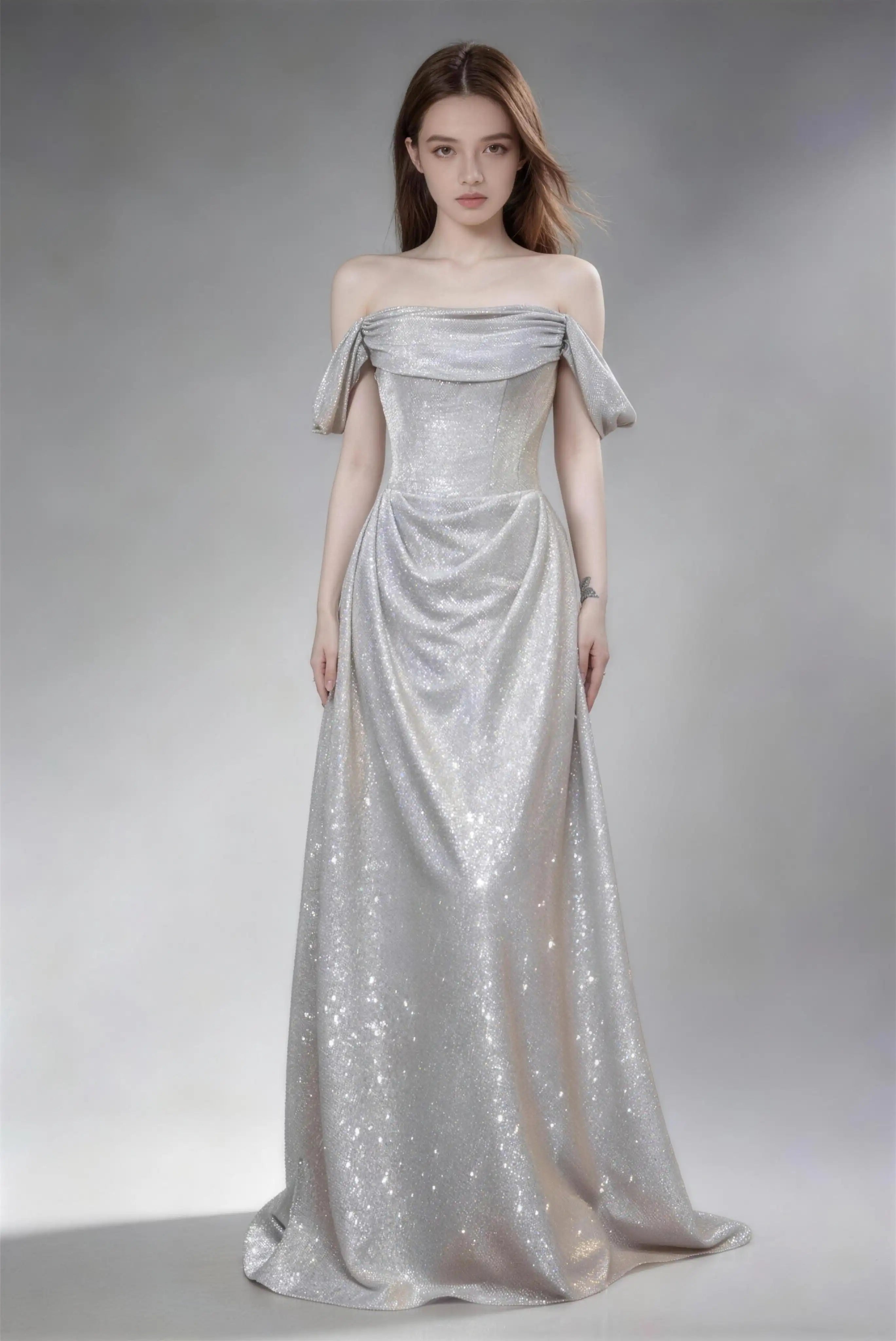 Phoehua Silver Glitter Off‑The‑Shoulder Puff Short Sleeve A‑Line Maxi Evening Gown, Front View High‑Waist Corset Lace‑Up Back Elegant Formal Wedding Guest Prom Dress With Sweep Train