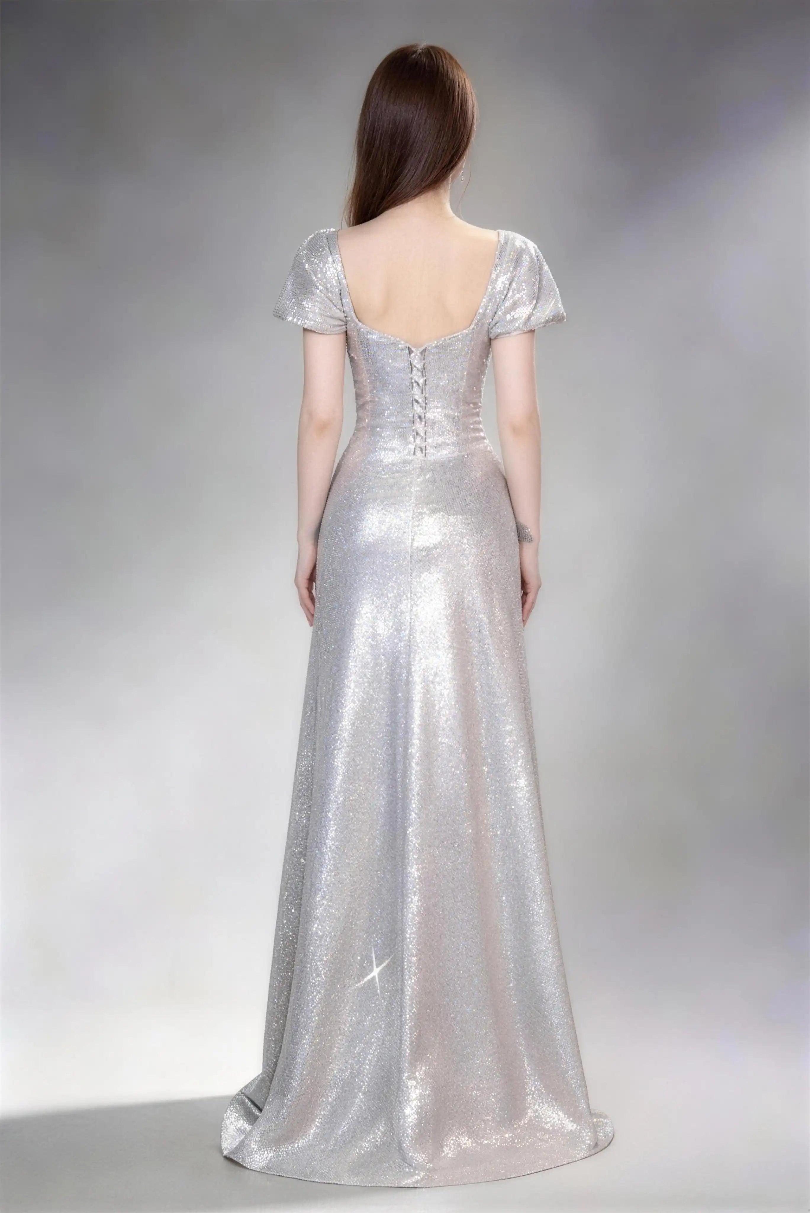 Phoehua Back View of Silver Glitter Off‑Shoulder A‑Line Formal Long Dress, High‑Waist Corset Lace‑Up Deep U‑Back Elegant Wedding Guest Prom Evening Gown