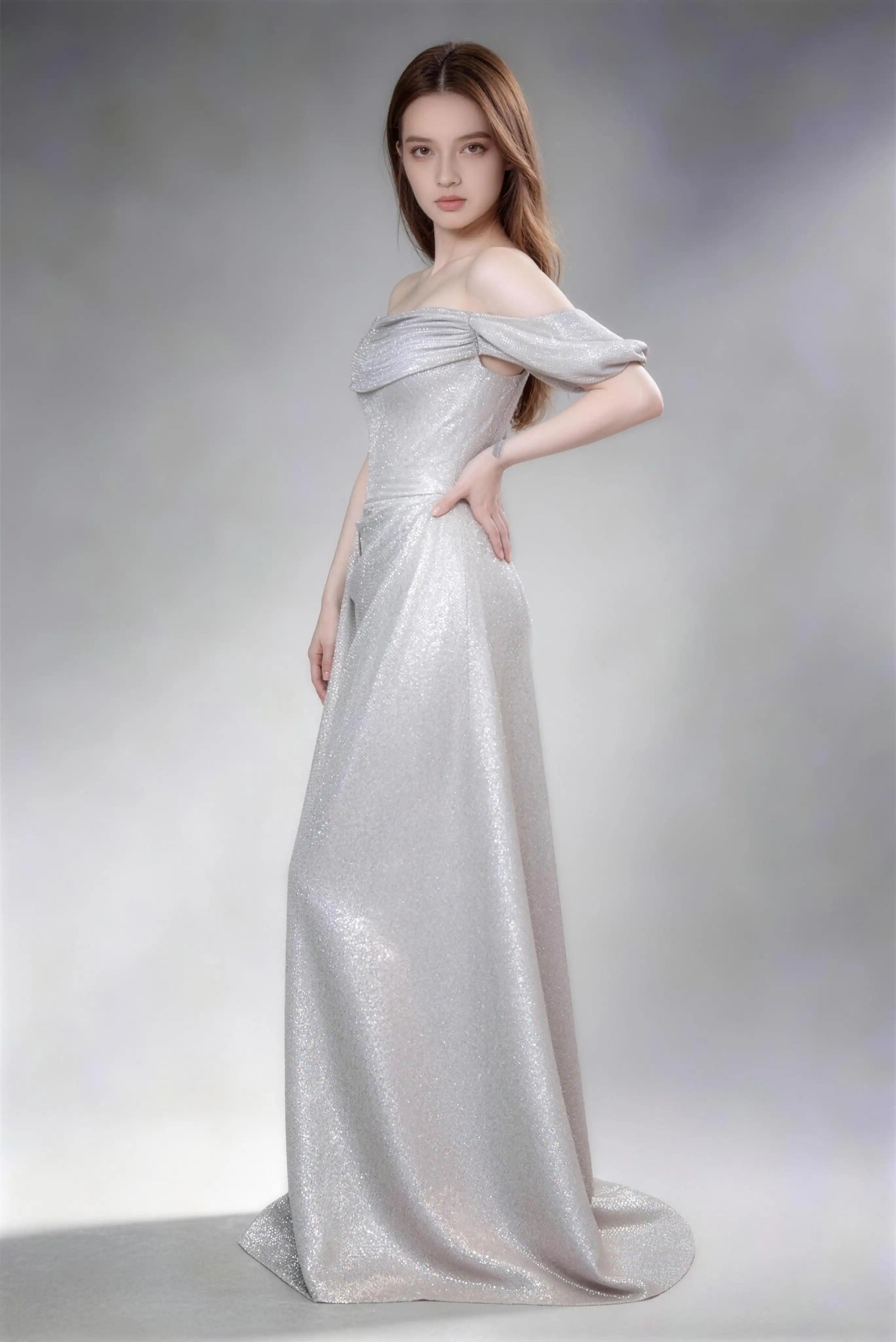 Phoehua Side Pose of Silver Glitter Elegant Formal Prom Dress, Off‑Shoulder Puff‑Sleeve High‑Waist Corset Lace‑Up A‑Line Maxi Evening Gown