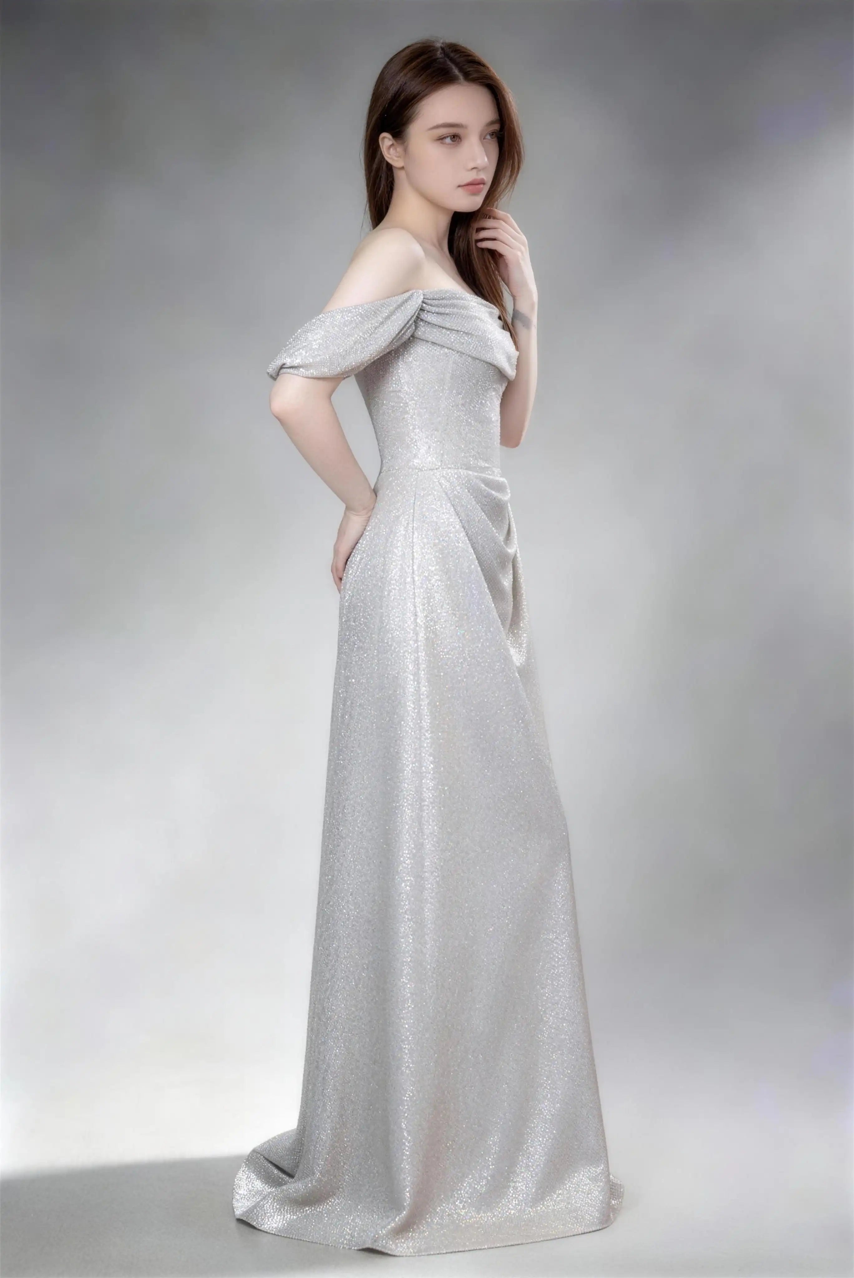 Phoehua Side Profile of Luxury Silver Formal Evening Dress, Off‑Shoulder Puff‑Sleeve High‑Waist Corset Lace‑Up A‑Line Wedding Guest Long Gown