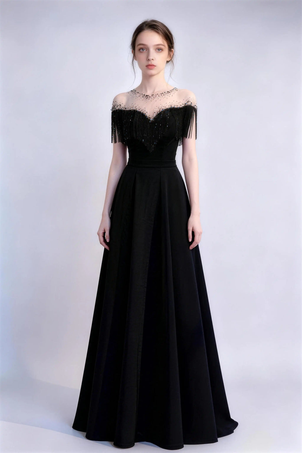 Phoehua Black Off‑The‑Shoulder Beaded Fringe Sheer Tulle A‑Line Long Evening Gown, Front View High‑Waist Hollow‑Out Back Elegant Formal Prom Banquet Dress