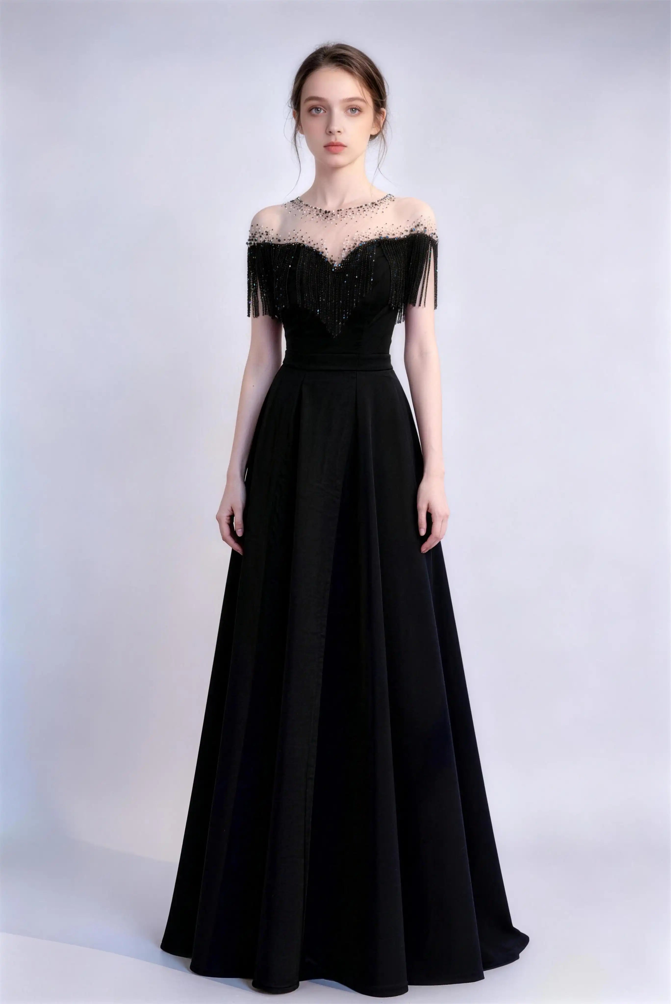 Phoehua Black Off‑The‑Shoulder Beaded Fringe Sheer Tulle A‑Line Long Evening Gown, Front View High‑Waist Hollow‑Out Back Elegant Formal Prom Banquet Dress
