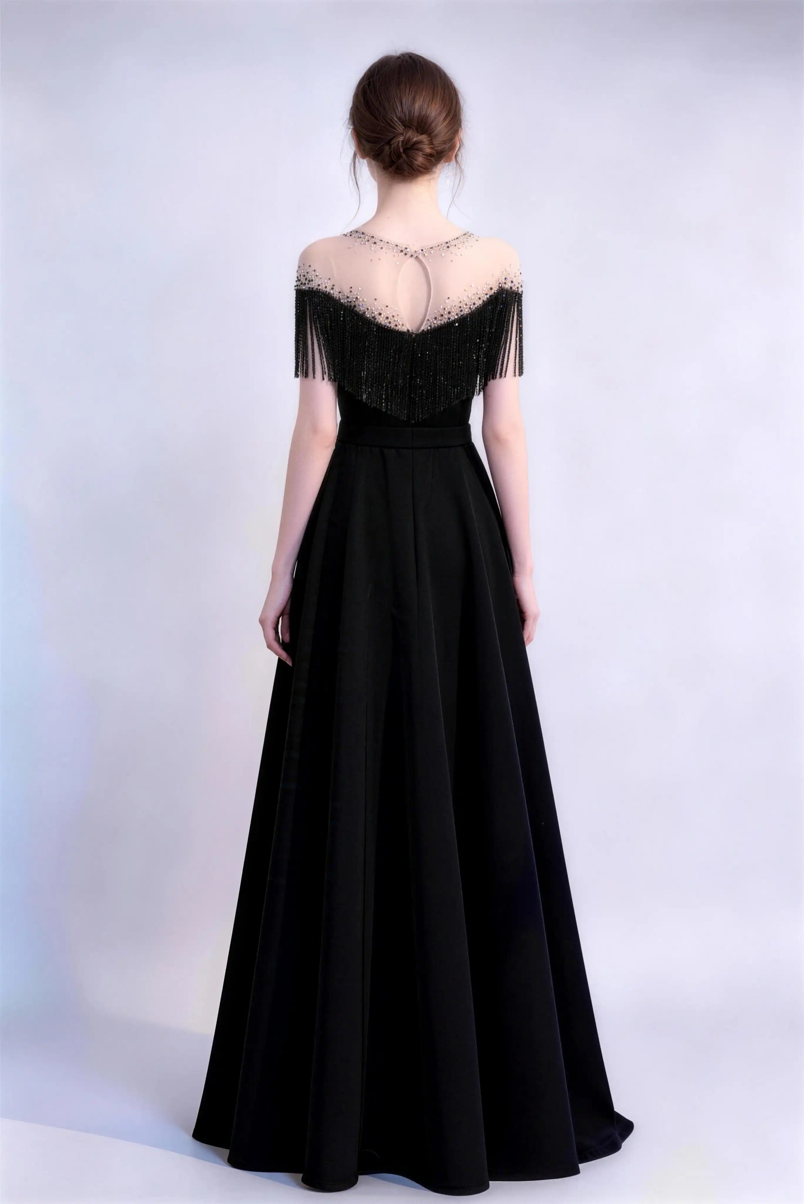 Phoehua Back View of Black Off‑Shoulder Beaded Fringe Formal Long Dress, High‑Waist Keyhole Hollow‑Out Back Sheer Tulle Elegant Prom Evening Gown