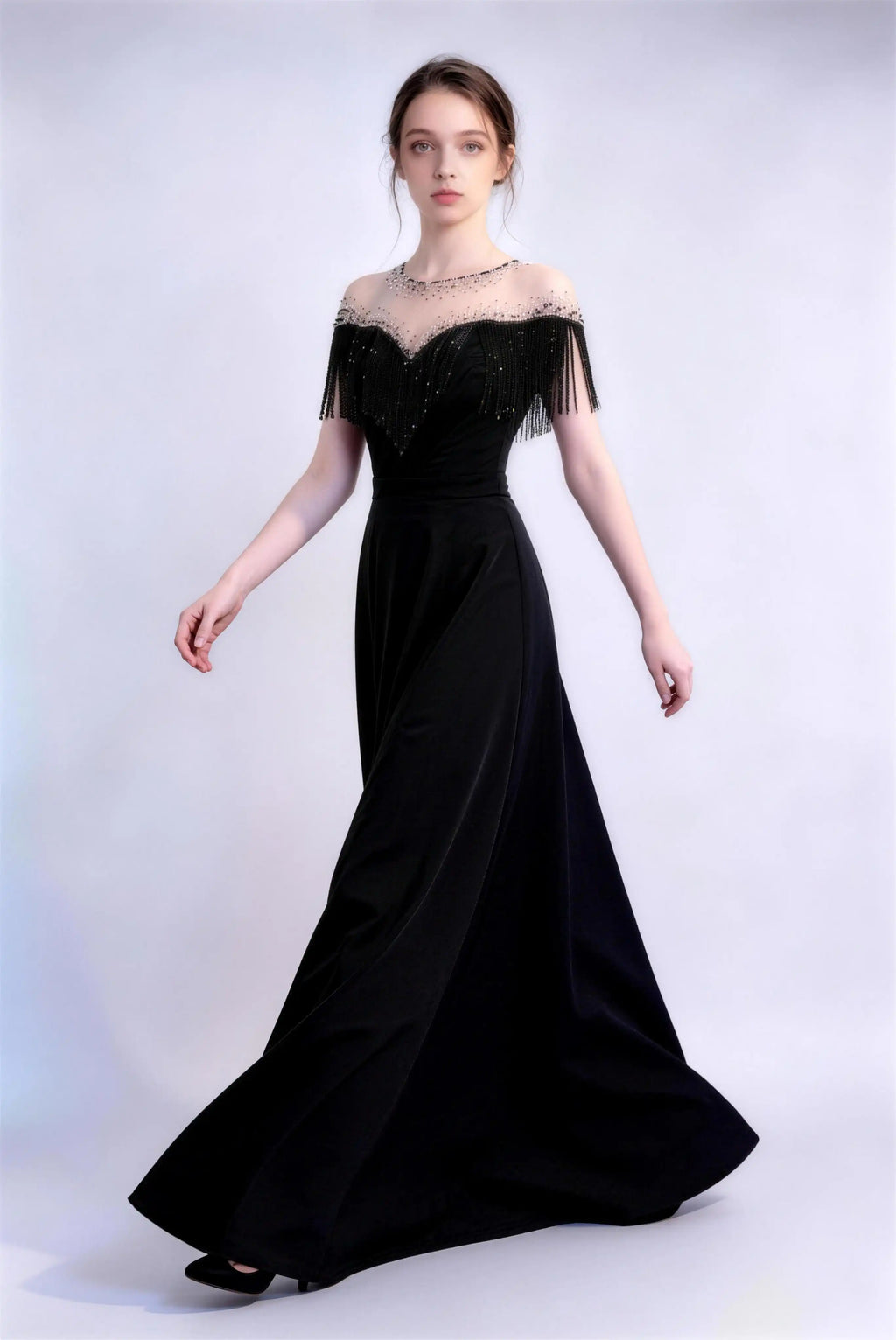 Phoehua Walking Pose of Black Elegant Banquet Prom Dress, Off‑Shoulder Beaded‑Fringe Sheer‑Tulle High‑Waist Hollow‑Out Back A‑Line Long Evening Gown