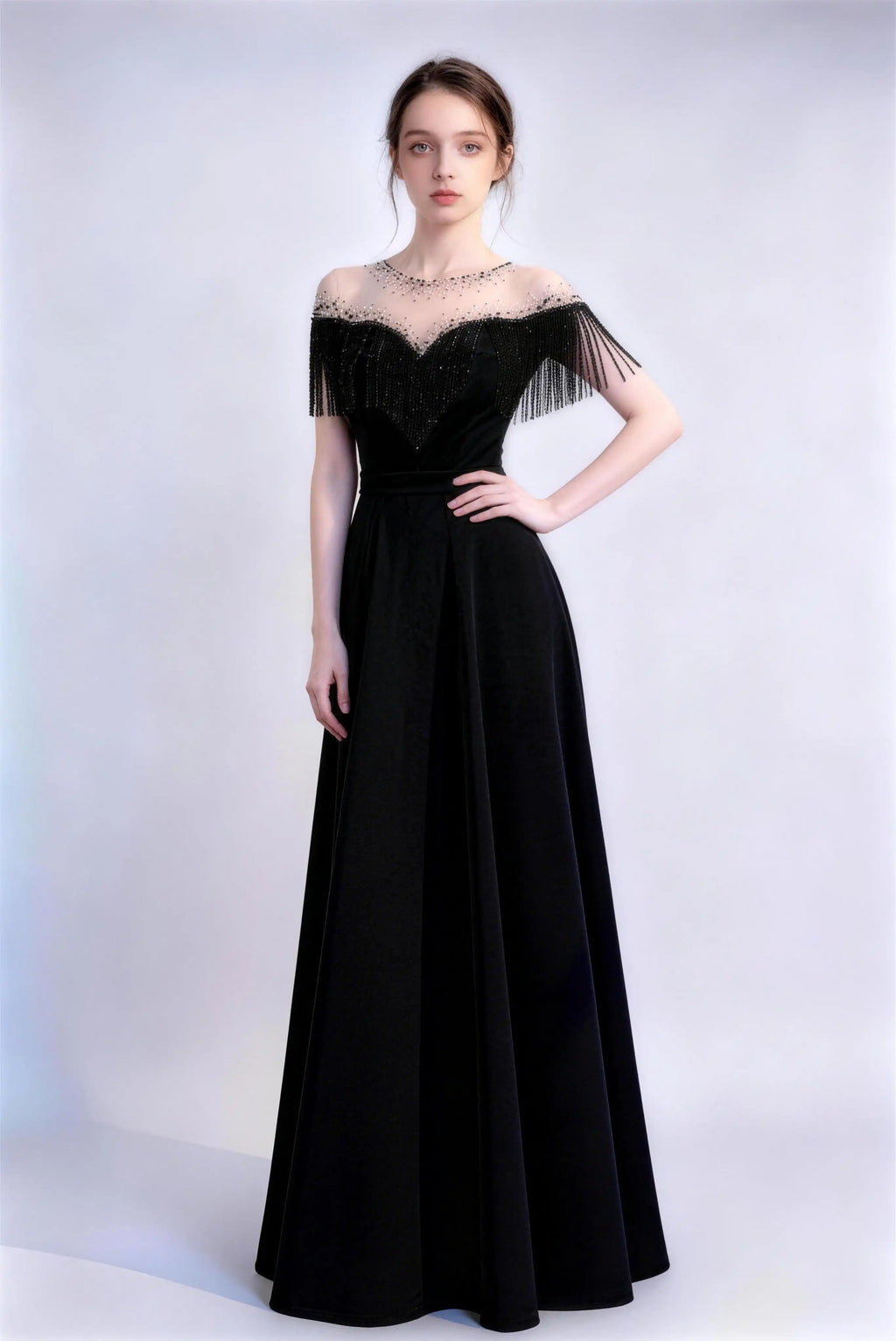 Phoehua Front Pose of Black Luxury Formal Evening Gown, Off‑Shoulder Beaded‑Fringe Sheer‑Neck High‑Waist Hollow‑Out Back A‑Line Prom Banquet Dress
