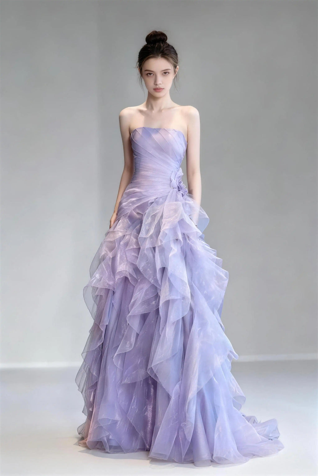 Phoehua Light Purple Strapless Ruched Layered Ruffle Tulle Mermaid Maxi Evening Gown, Front View Corset Lace‑Up Back Fairy Romantic Formal Prom Wedding Guest Dress With Sweep Train