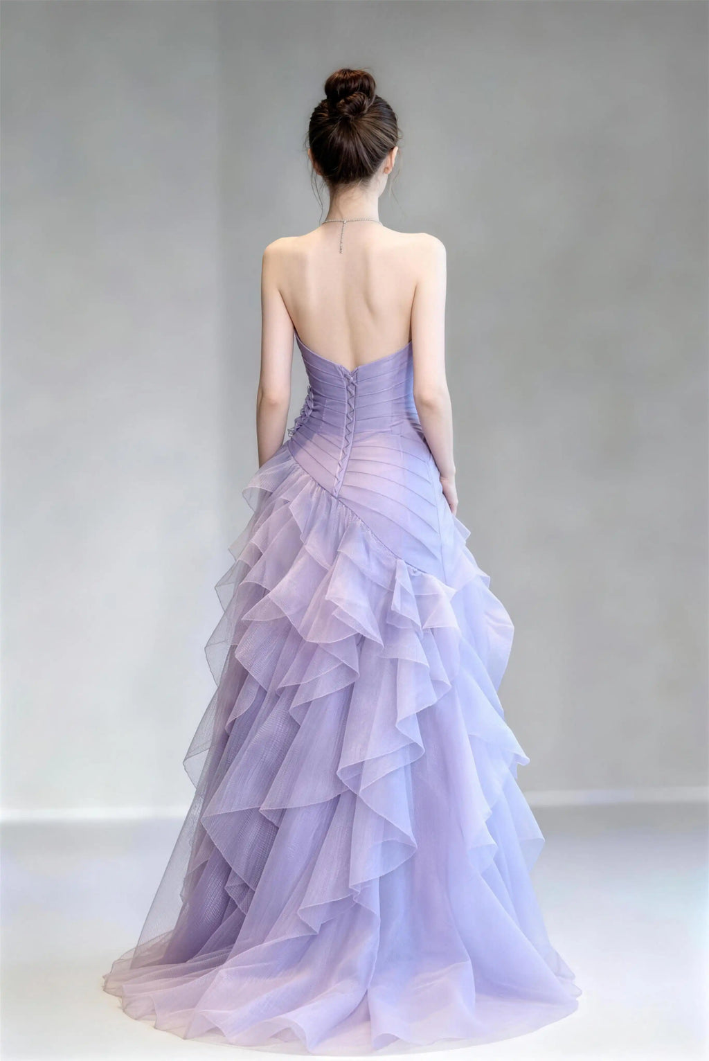 Phoehua Back View of Light Purple Strapless Mermaid Formal Long Dress, Corset Lace‑Up Deep V‑Back Layered Ruffle Tulle Fairy‑Core Evening Gown