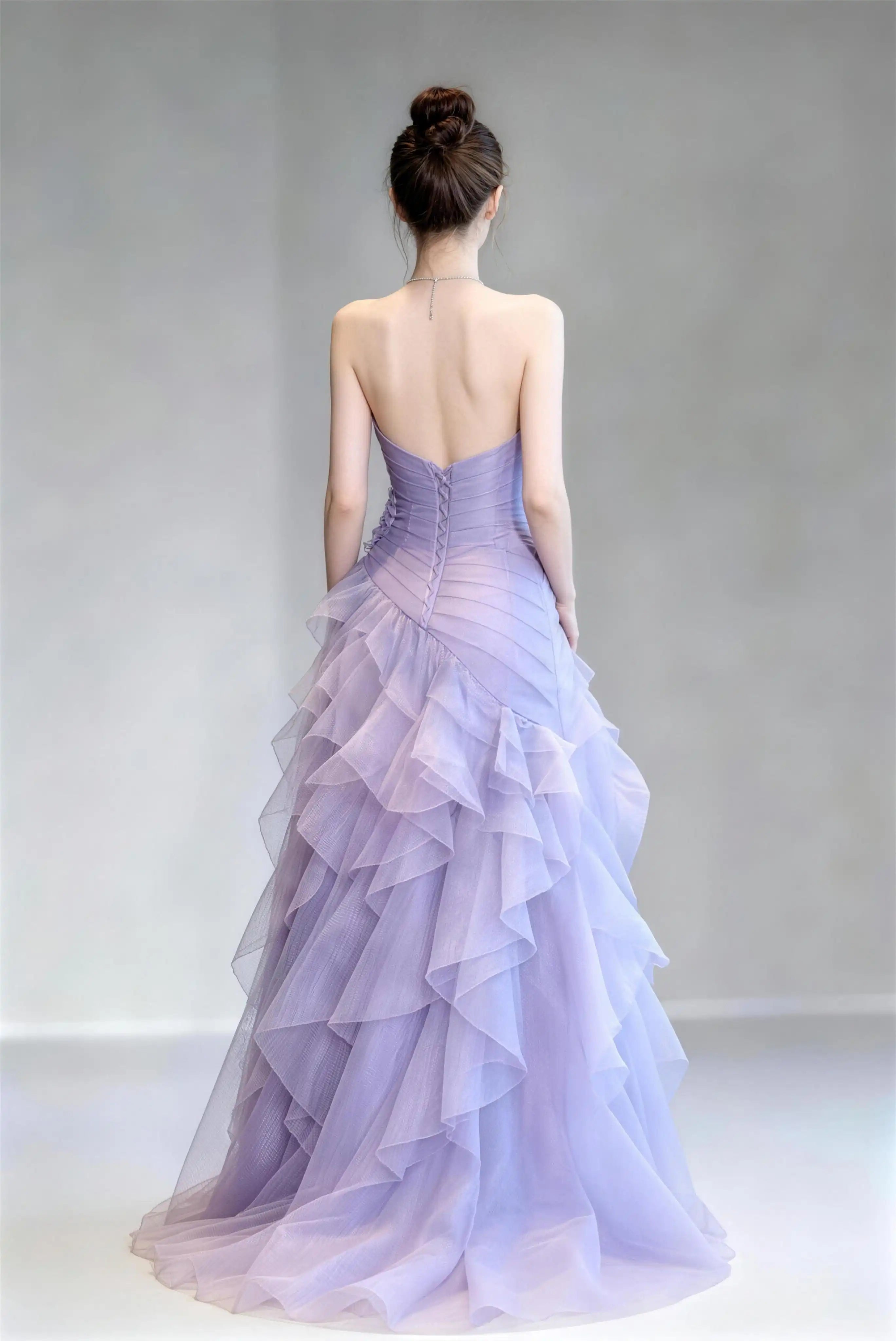 Phoehua Back View of Light Purple Strapless Mermaid Formal Long Dress, Corset Lace‑Up Deep V‑Back Layered Ruffle Tulle Fairy‑Core Evening Gown