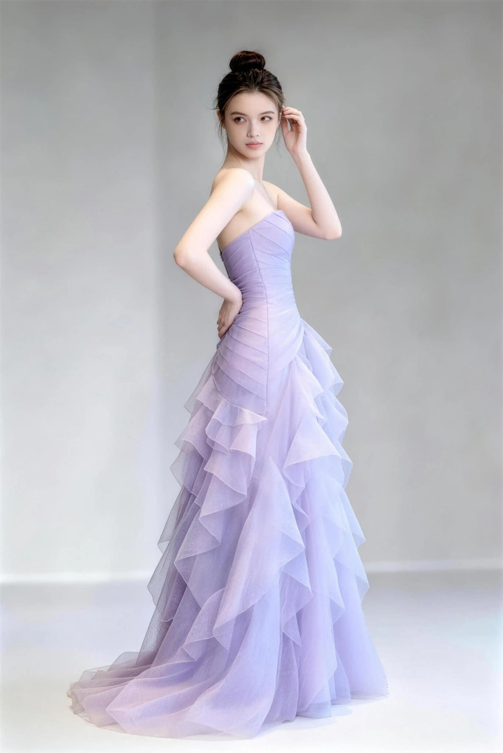 Phoehua Side View of Light Purple Dreamy Romantic Evening Gown, Strapless Ruched‑Bodice Lace‑Up‑Back Layered‑Ruffle Tulle Mermaid Formal Prom Dress