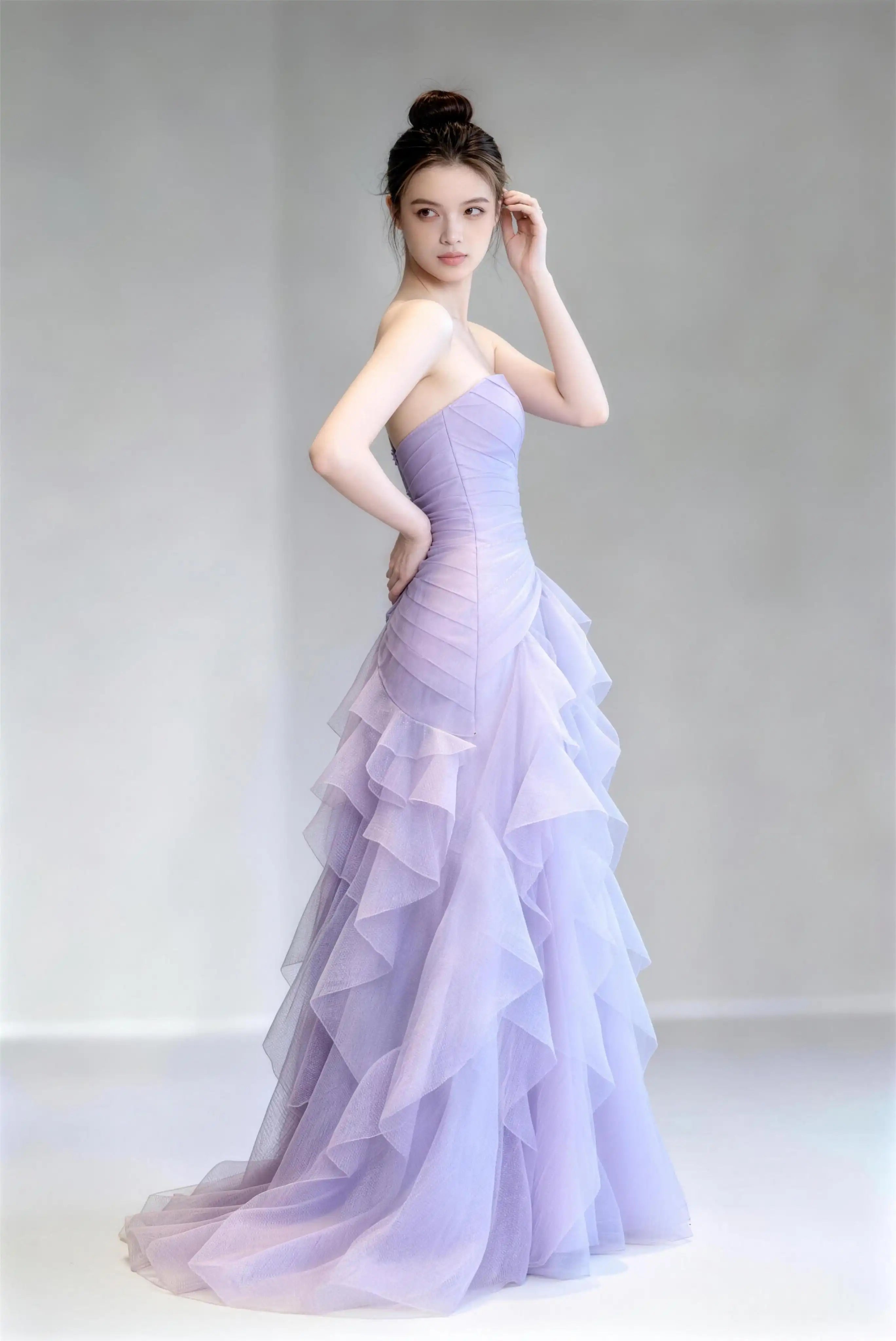 Phoehua Side View of Light Purple Dreamy Romantic Evening Gown, Strapless Ruched‑Bodice Lace‑Up‑Back Layered‑Ruffle Tulle Mermaid Formal Prom Dress