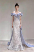 Phoehua Dusty Blue Off‑The‑Shoulder Puff Cuff Organza Mermaid Maxi Evening Gown, Front View Lace‑Up Back Large Bow Sequined Branch Embroidered Romantic Formal Prom Wedding Guest Dress With Sweep Train
