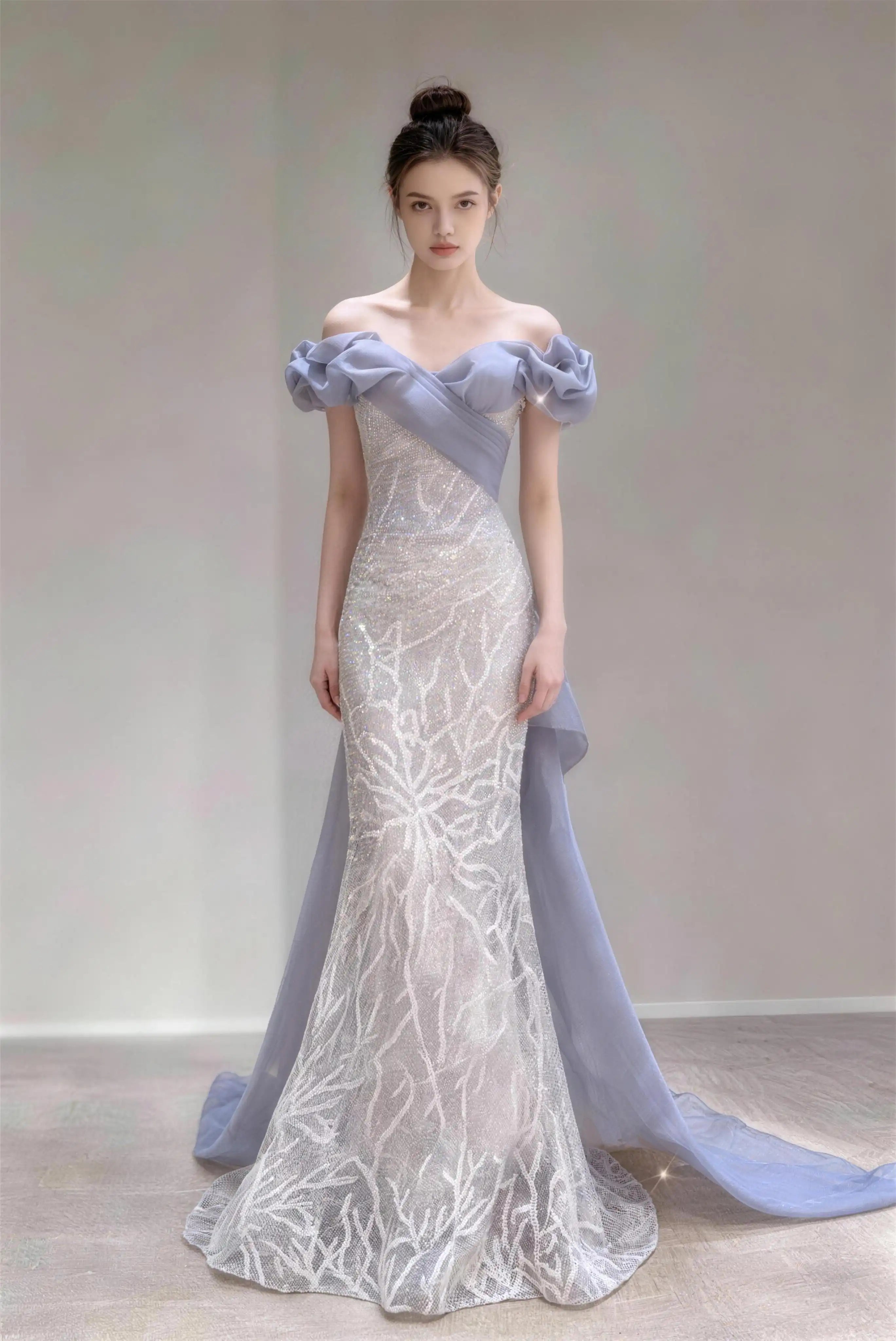 Phoehua Dusty Blue Off‑The‑Shoulder Puff Cuff Organza Mermaid Maxi Evening Gown, Front View Lace‑Up Back Large Bow Sequined Branch Embroidered Romantic Formal Prom Wedding Guest Dress With Sweep Train
