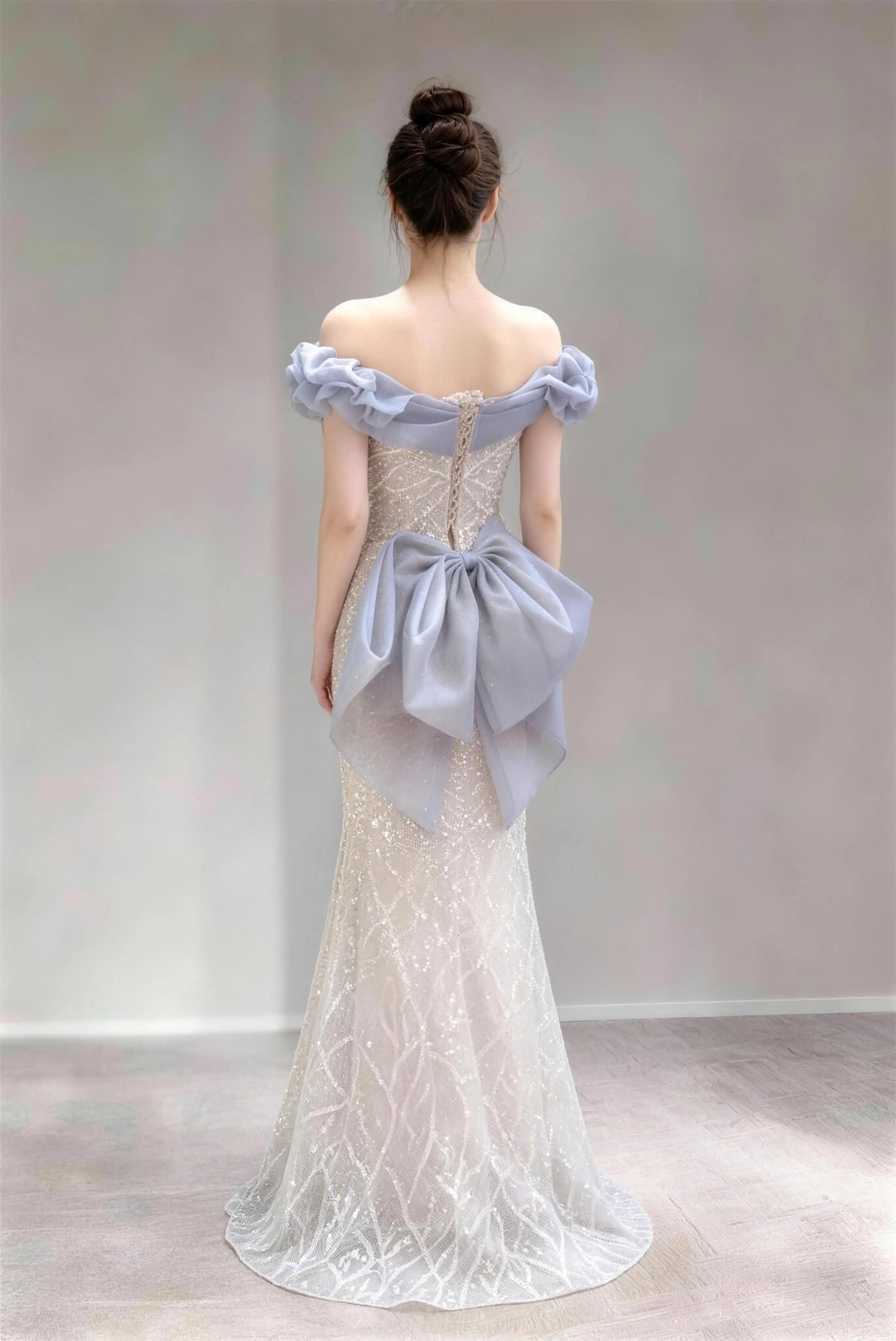 Phoehua Back View of Dusty Blue Off‑Shoulder Mermaid Formal Long Dress, Lace‑Up Back Oversized Organza Bow Sequined‑Embroidered Romantic Evening Gown