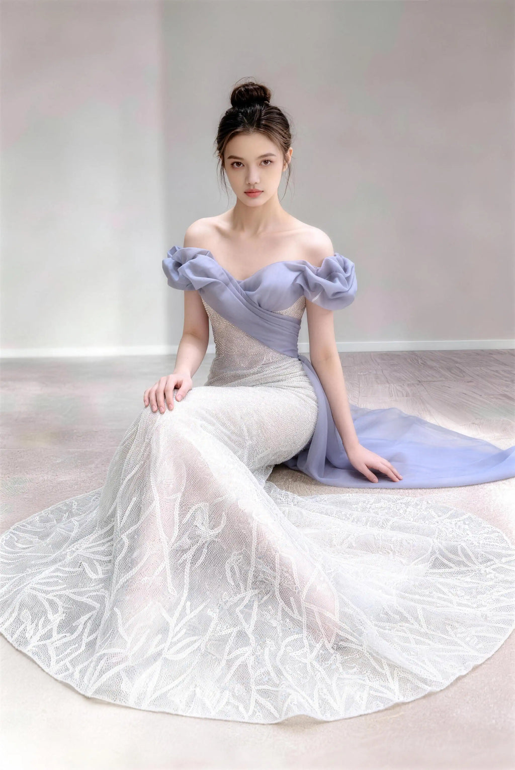 Phoehua Seated Pose of Dusty Blue Princess‑Core Formal Prom Dress, Off‑Shoulder Puff‑Cuff Lace‑Up‑Back Large‑Bow Sequined‑Embroidered Mermaid Long Evening Gown