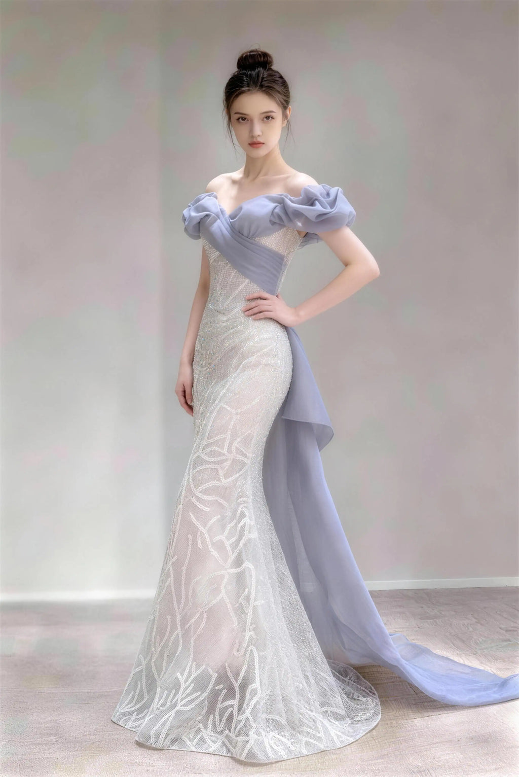 Phoehua Front Side Pose of Dusty Blue Luxury Flowing Formal Evening Gown, Off‑Shoulder Puff‑Cuff Lace‑Up‑Back Large‑Bow Sequined‑Branch‑Embroidered Mermaid Wedding Guest Dress