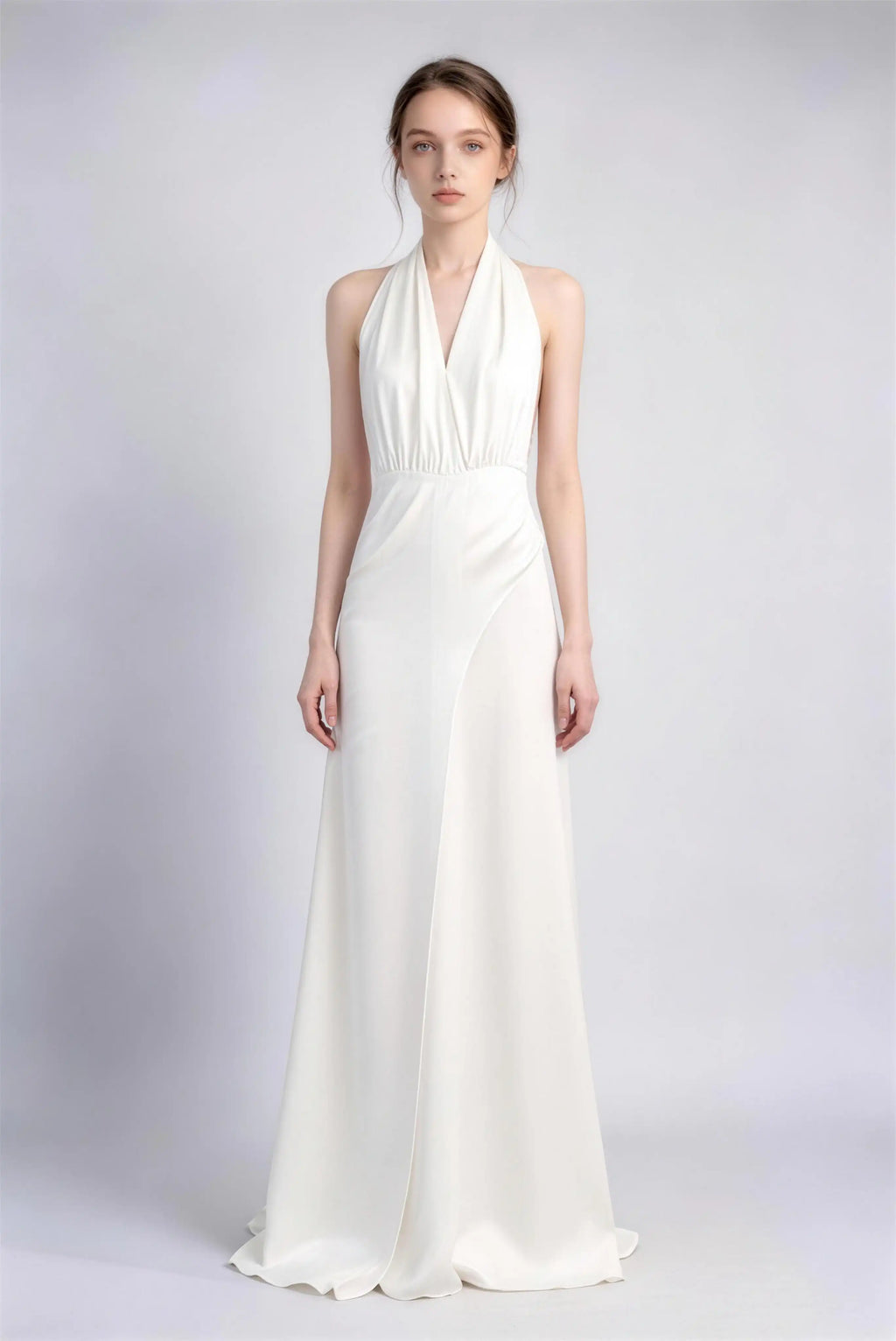 Phoehua White Halter Deep V‑Neck Open Back Satin A‑Line Maxi Evening Gown, Front View High‑Waist Minimalist Elegant Formal Wedding Guest Bridesmaid Dress With Sweep Train