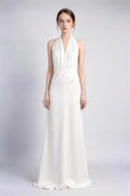 Phoehua White Halter Deep V‑Neck Open Back Satin A‑Line Maxi Evening Gown, Front View High‑Waist Minimalist Elegant Formal Wedding Guest Bridesmaid Dress With Sweep Train