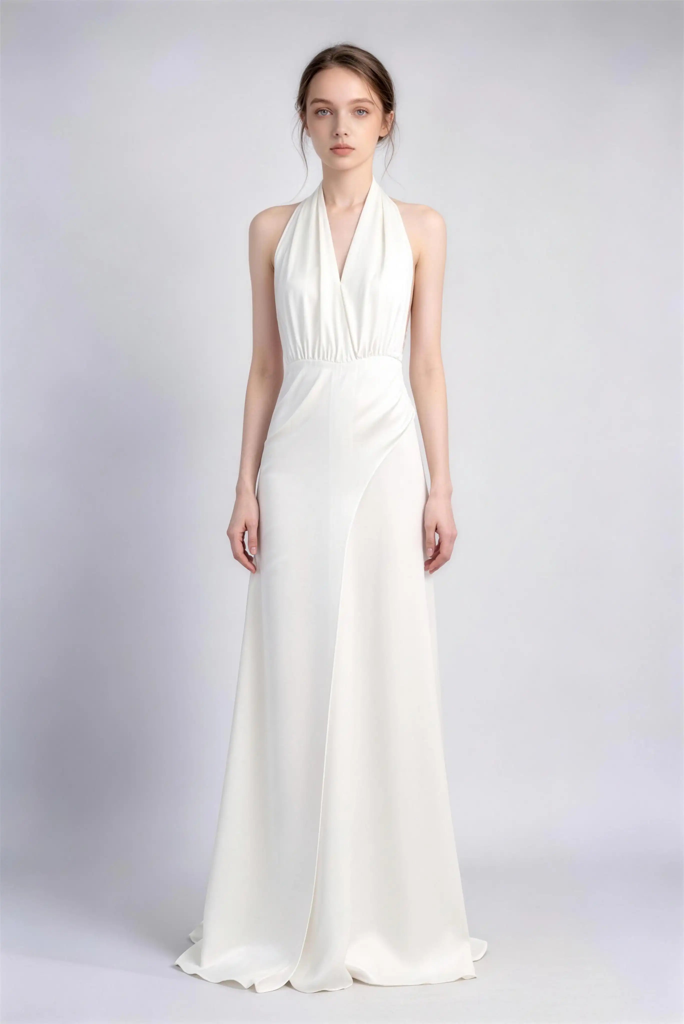 Phoehua White Halter Deep V‑Neck Open Back Satin A‑Line Maxi Evening Gown, Front View High‑Waist Minimalist Elegant Formal Wedding Guest Bridesmaid Dress With Sweep Train
