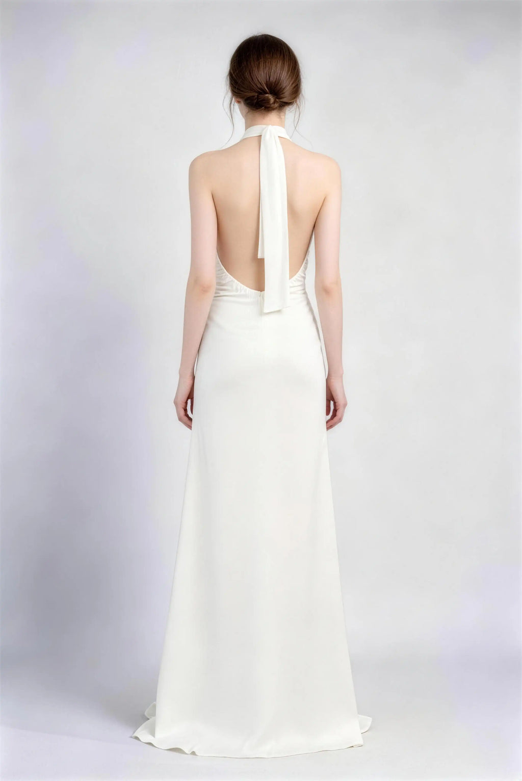 Phoehua Back View of White Halter Open‑Back Satin Formal Long Dress, Deep‑V Neck Tie‑Back High‑Waist Minimalist Elegant Wedding Guest Bridesmaid Evening Gown