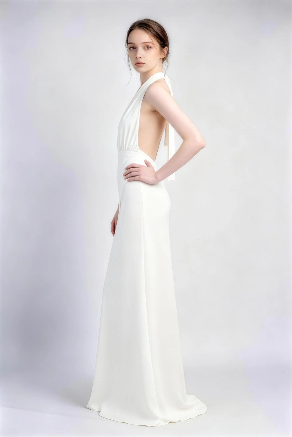 Phoehua Side Profile of White Timeless Elegant Evening Gown, Halter Deep‑V‑Neck Open‑Back High‑Waist Satin A‑Line Wedding Guest Long Dress