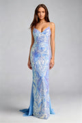 Phoehua Blue Spaghetti Strap Deep V‑Neck Crisscross Lace‑Up Back Sequined Paisley Mermaid Maxi Evening Gown, Front View High‑Waist Elegant Formal Prom Wedding Guest Dress With Chiffon Sweep Train