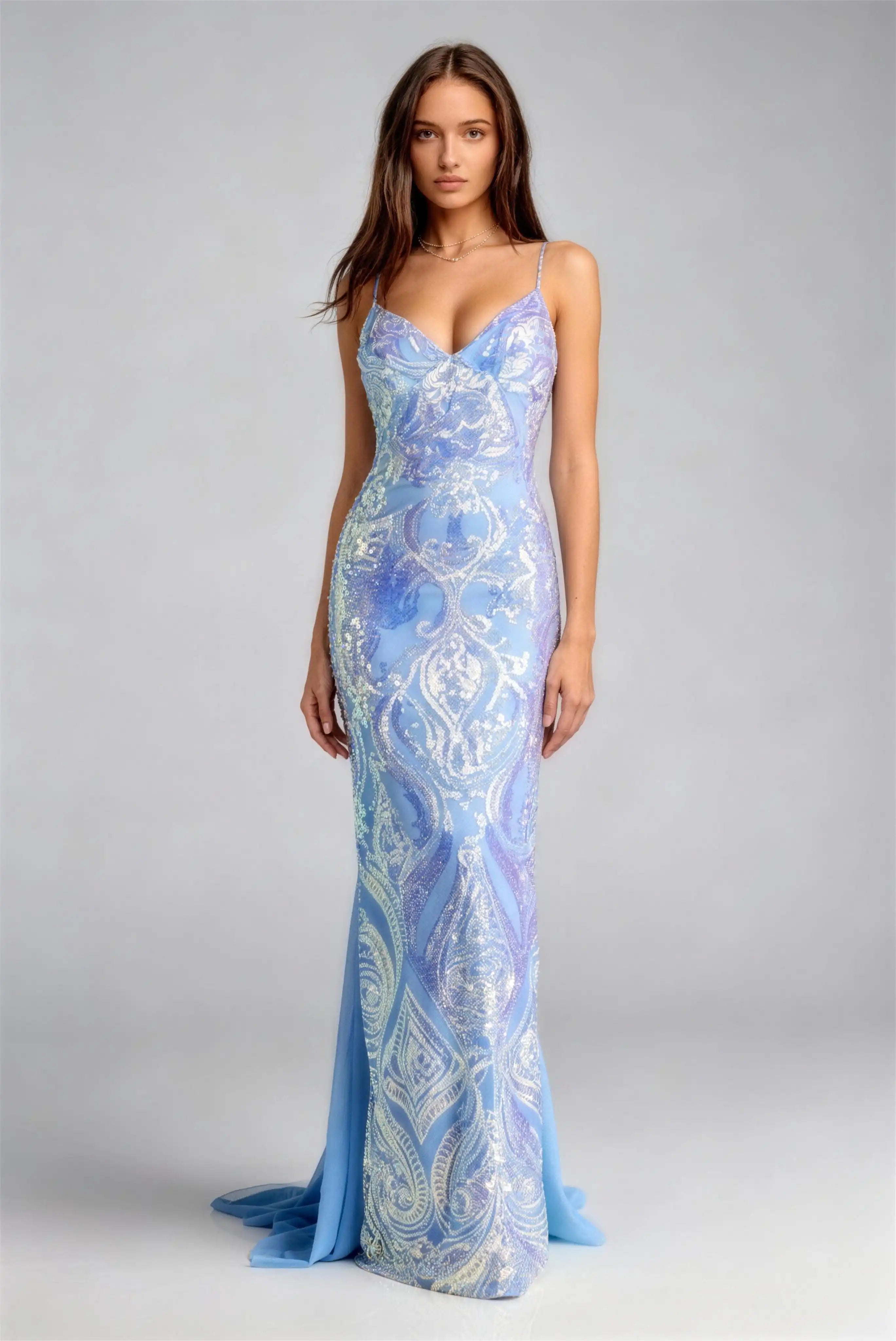 Phoehua Blue Spaghetti Strap Deep V‑Neck Crisscross Lace‑Up Back Sequined Paisley Mermaid Maxi Evening Gown, Front View High‑Waist Elegant Formal Prom Wedding Guest Dress With Chiffon Sweep Train