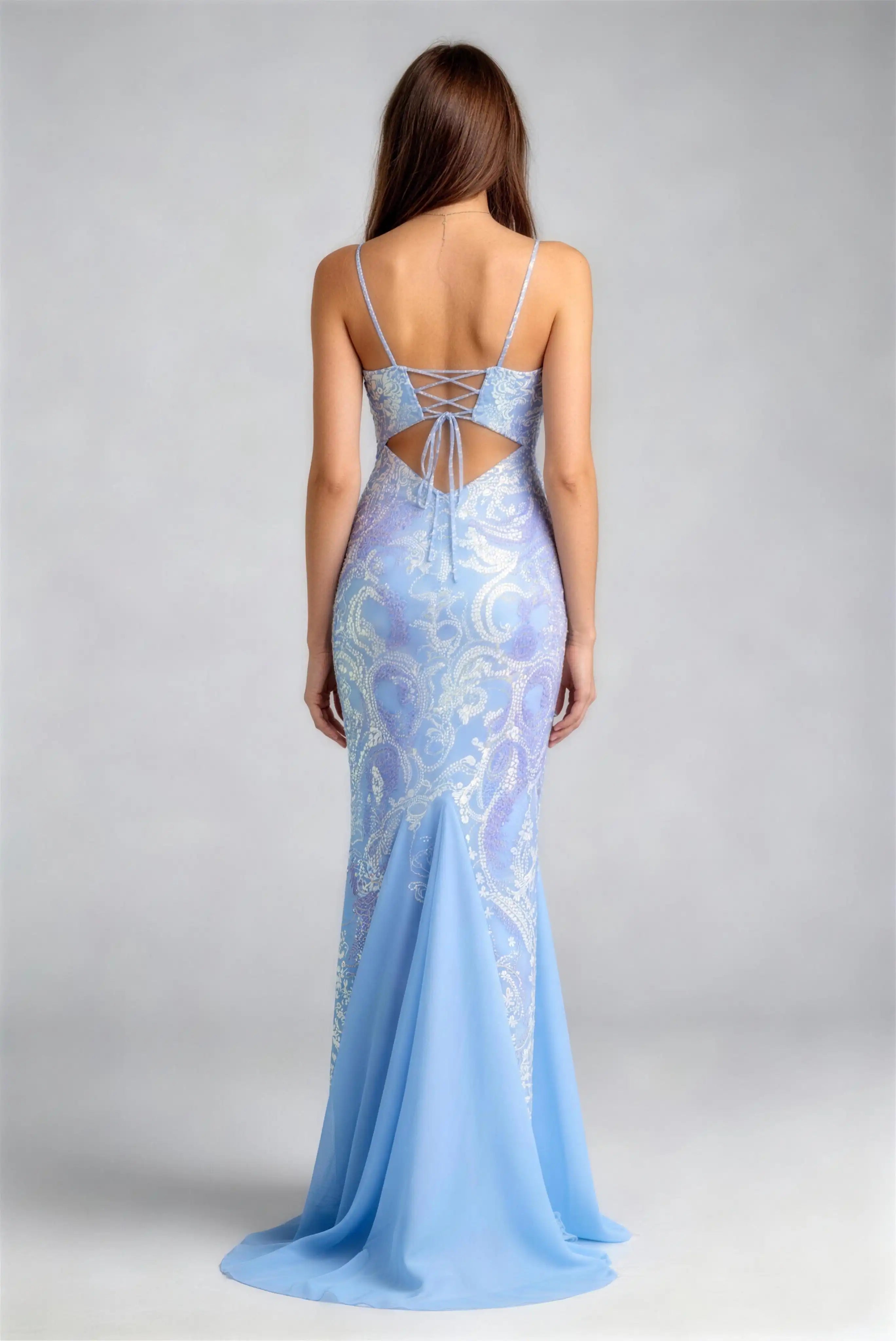 Phoehua Back View of Blue Sequined Mermaid Formal Long Dress, Crisscross Lace‑Up Cutout‑Back Paisley‑Pattern High‑Waist Prom Evening Gown