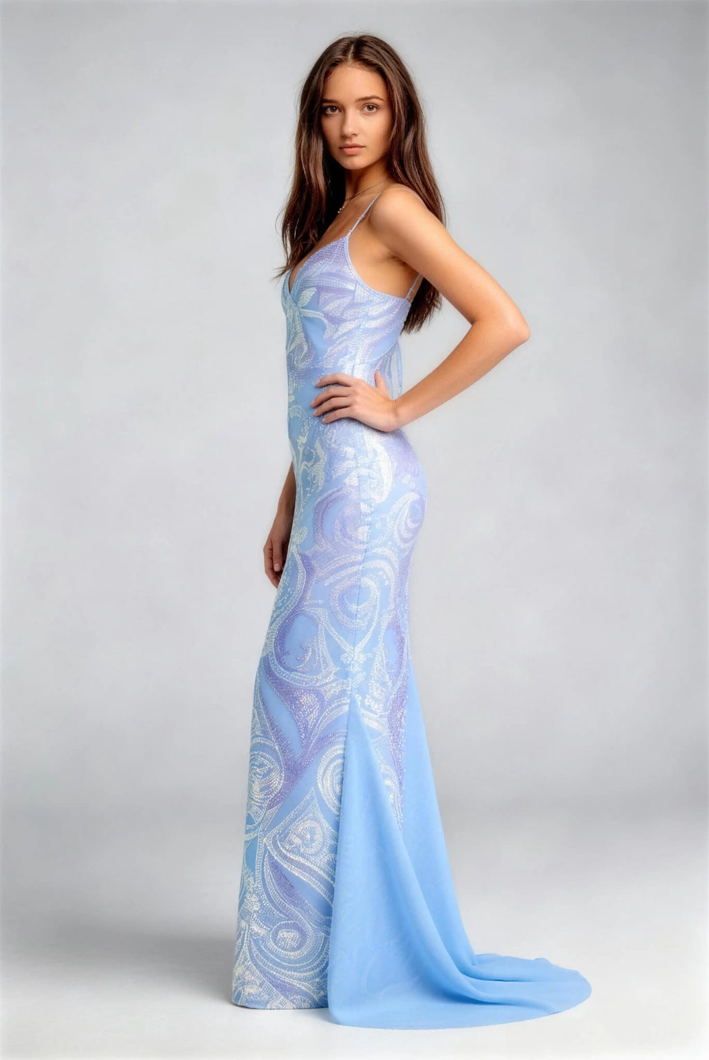 Phoehua Side View of Blue Glam Sequined Evening Gown, Spaghetti‑Strap Deep‑V‑Neck Crisscross‑Lace‑Up‑Back Paisley‑Mermaid High‑Waist Formal Prom Dress