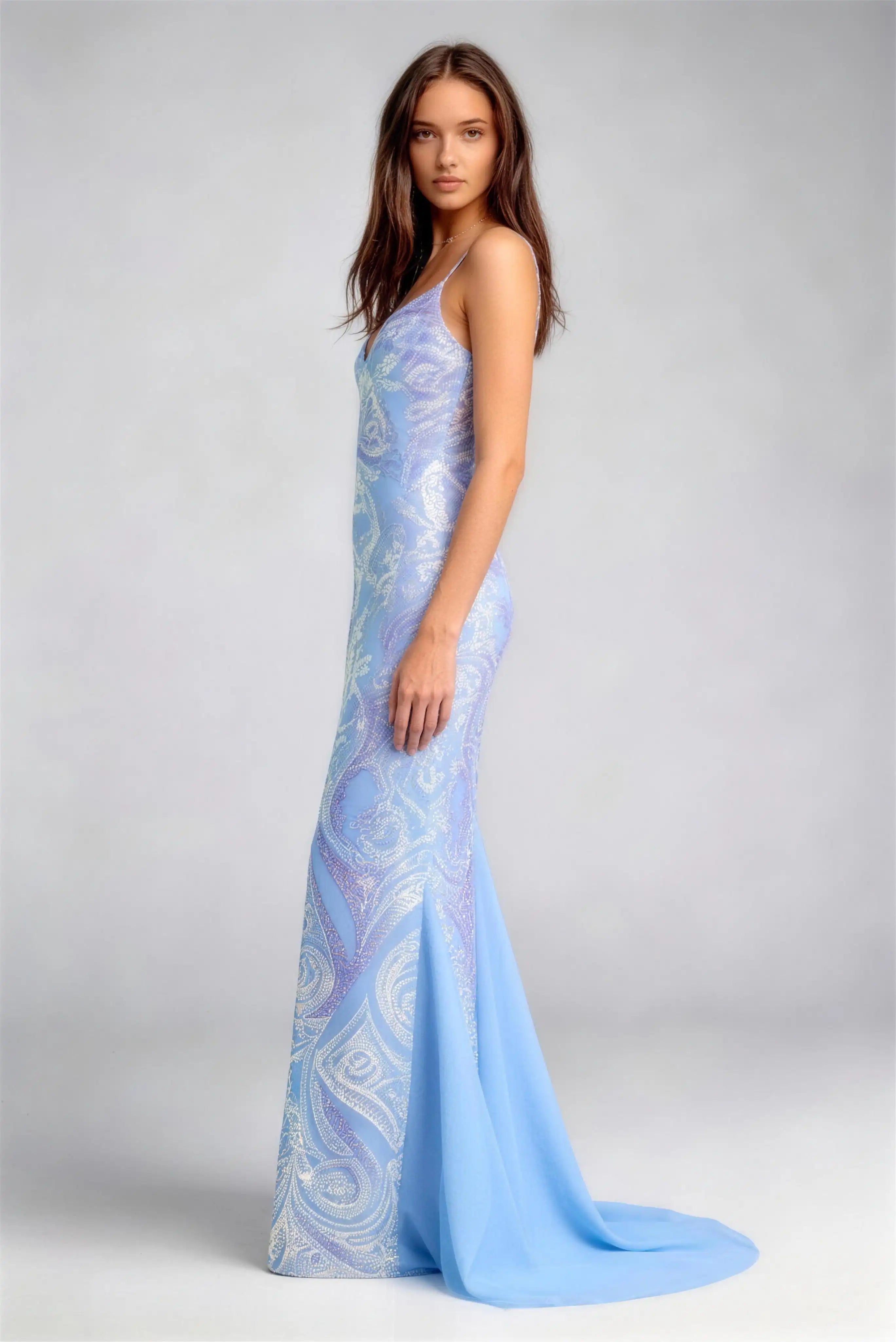 Phoehua Side Profile of Blue Luxury Celebrity‑Style Evening Gown, Spaghetti‑Strap Deep‑V‑Neck Crisscross‑Lace‑Up‑Back Paisley‑Mermaid High‑Waist Formal Long Dress