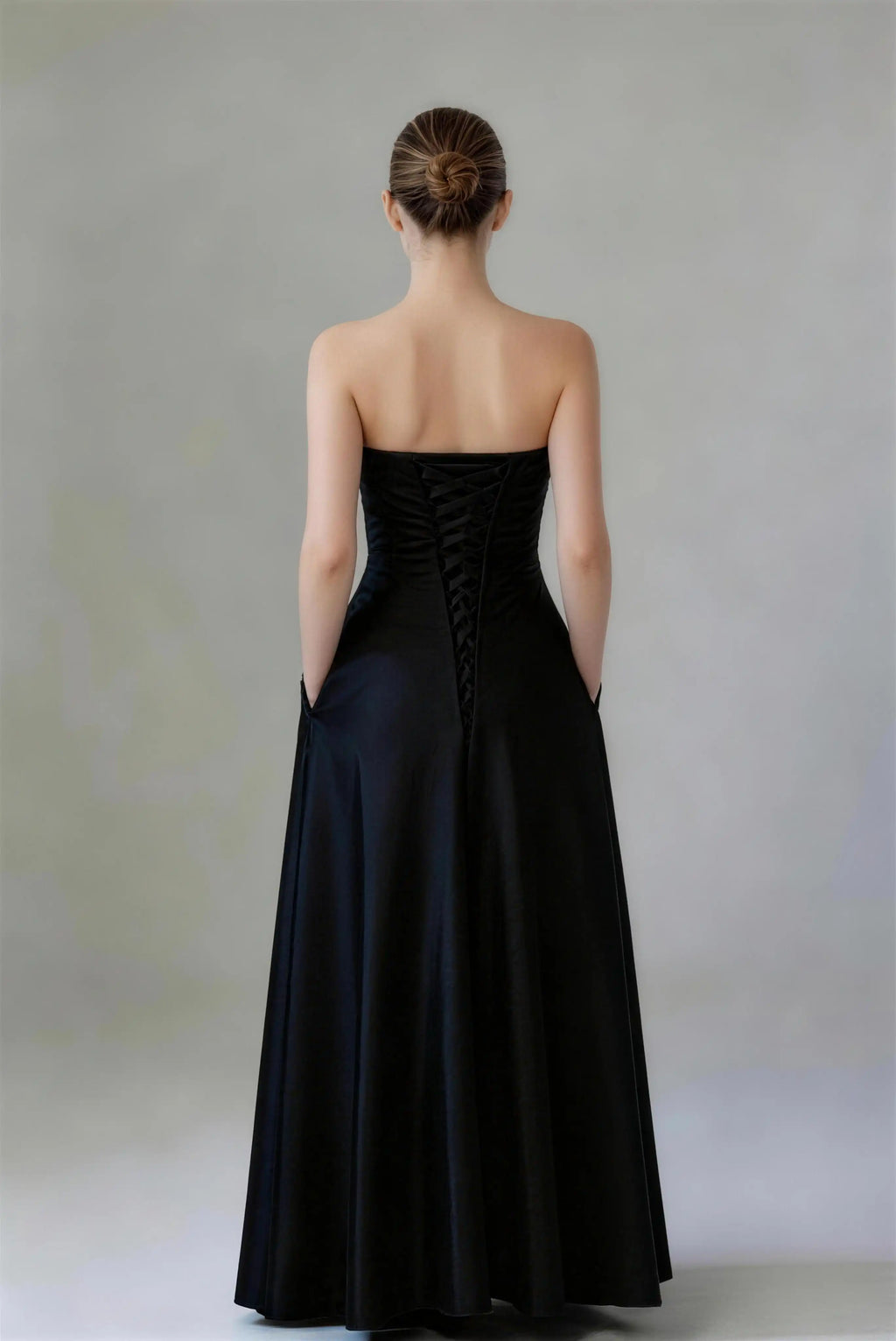 Phoehua Back View of Black Strapless Formal Long Dress, Corset Lace‑Up Back Bow‑Belt Mid‑Rise Satin Minimalist Elegant Wedding Guest Bridesmaid Evening Gown
