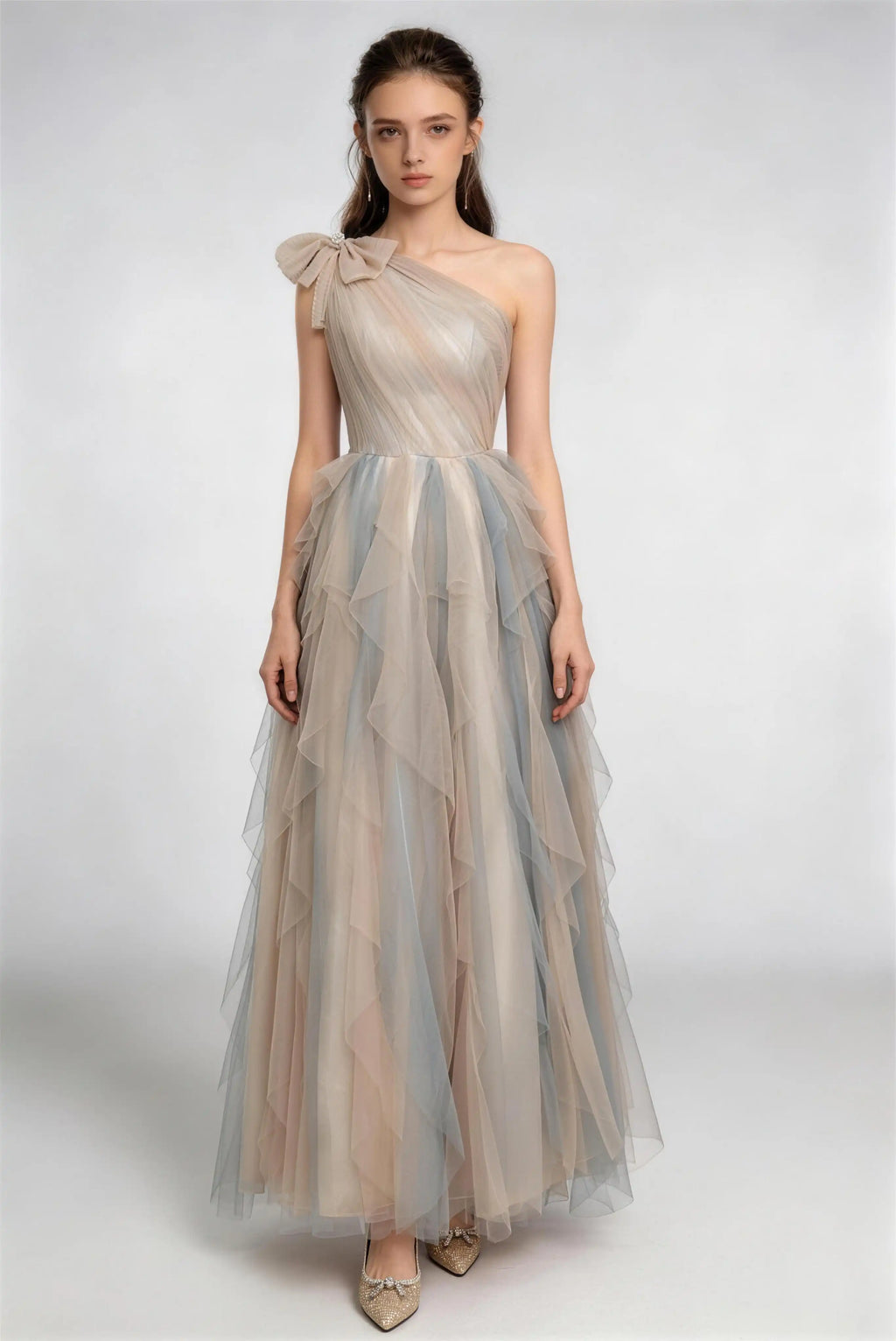Phoehua Champagne‑Blue Ombre One‑Shoulder Bow Tulle A‑Line Maxi Evening Gown, Front View Pleated Bodice Romantic Fairy Formal Prom Wedding Guest Bridesmaid Dress