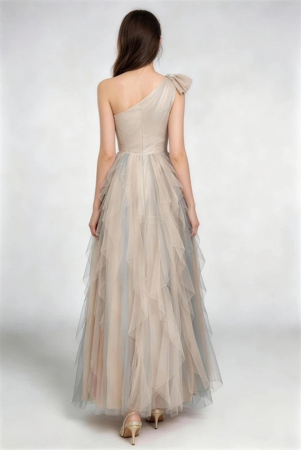 Phoehua Back View of Champagne‑Blue Ombre One‑Shoulder Formal Long Dress, Pleated‑Bodice Ruffle‑Layered Tulle Fairy‑Core Wedding Guest Bridesmaid Evening Gown