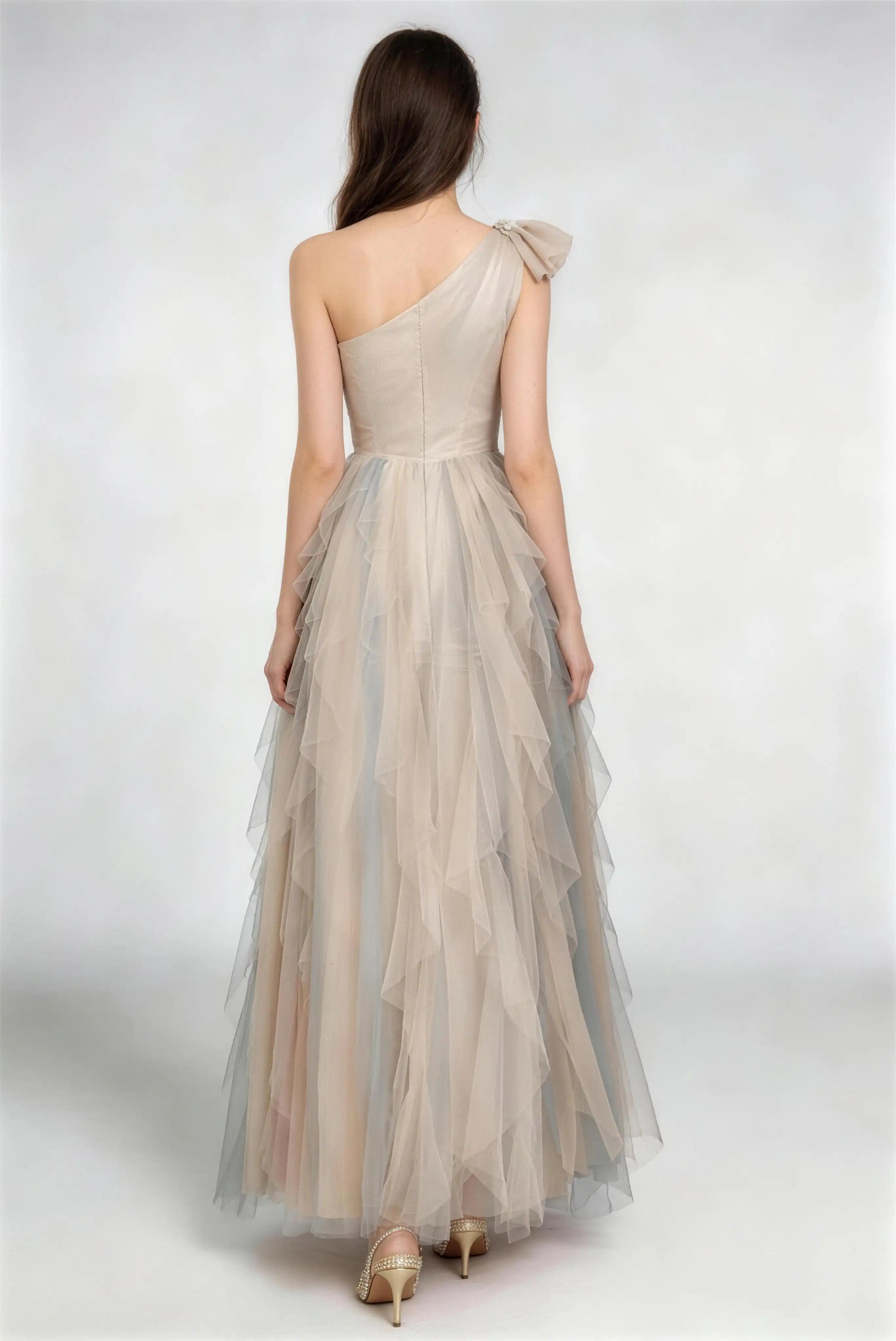 Phoehua Back View of Champagne‑Blue Ombre One‑Shoulder Formal Long Dress, Pleated‑Bodice Ruffle‑Layered Tulle Fairy‑Core Wedding Guest Bridesmaid Evening Gown