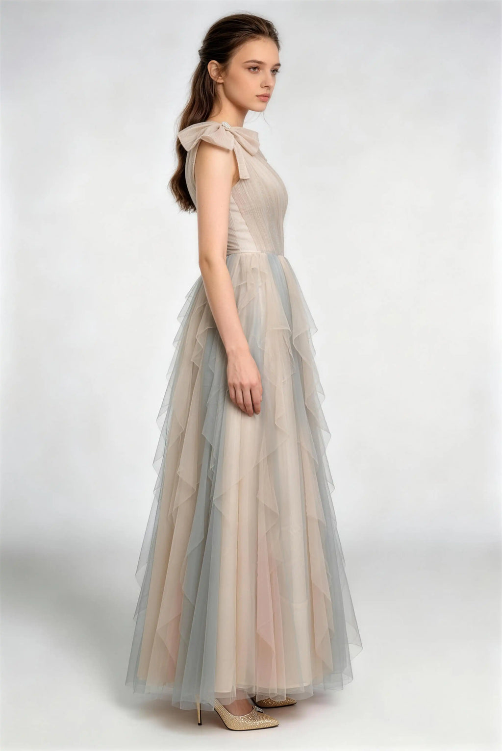 Phoehua Side View of Champagne‑Blue Dreamy Romantic Evening Gown, One‑Shoulder Bow Pleated‑Bodice Ombre‑Tulle A‑Line Formal Prom Dress