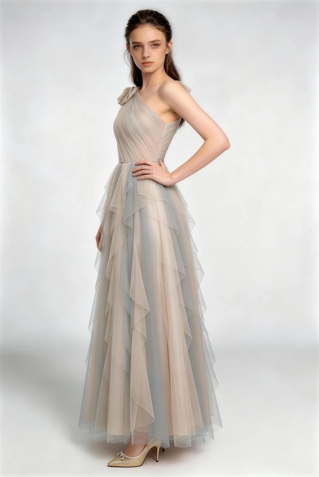 Phoehua Front Side Pose of Champagne‑Blue Luxury Elegant Evening Gown, One‑Shoulder Bow Pleated‑Bodice Ombre‑Tulle A‑Line Wedding Guest Long Dress