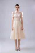 Phoehua Champagne Collared Puff Short Sleeve Tulle Midi Evening Dress, Front View High‑Waist A‑Line Corset Back Tie Sparkly Floral Beaded Sweet Formal Prom Wedding Guest Bridesmaid Dress