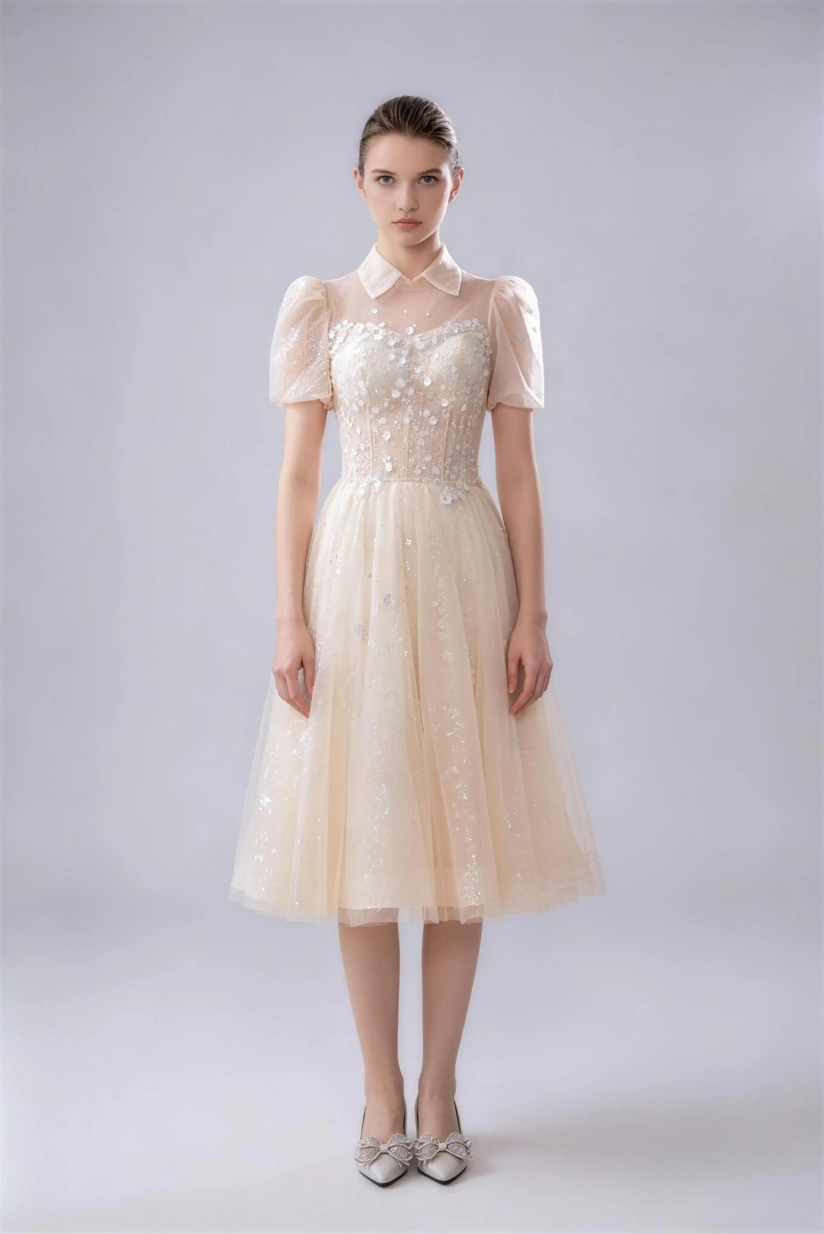Phoehua Champagne Collared Puff Short Sleeve Tulle Midi Evening Dress, Front View High‑Waist A‑Line Corset Back Tie Sparkly Floral Beaded Sweet Formal Prom Wedding Guest Bridesmaid Dress