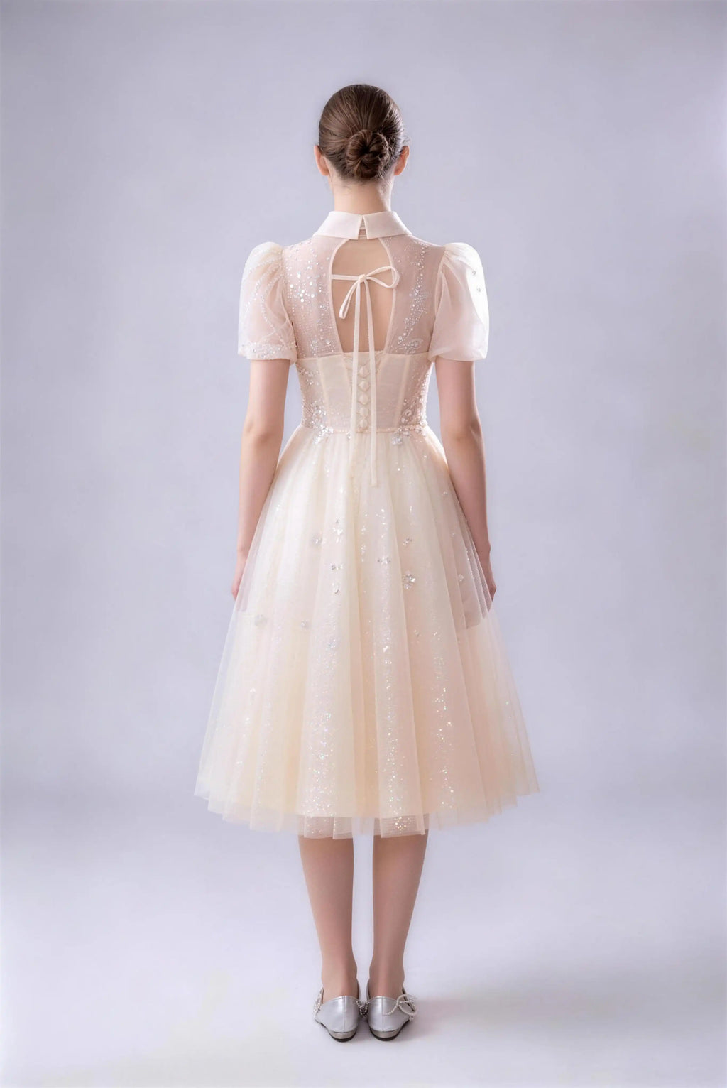 Phoehua Back View of Champagne Collared Puff Sleeve Formal Midi Dress, Corset Keyhole Tie‑Back Beaded‑Floral High‑Waist A‑Line Bridesmaid Evening Gown