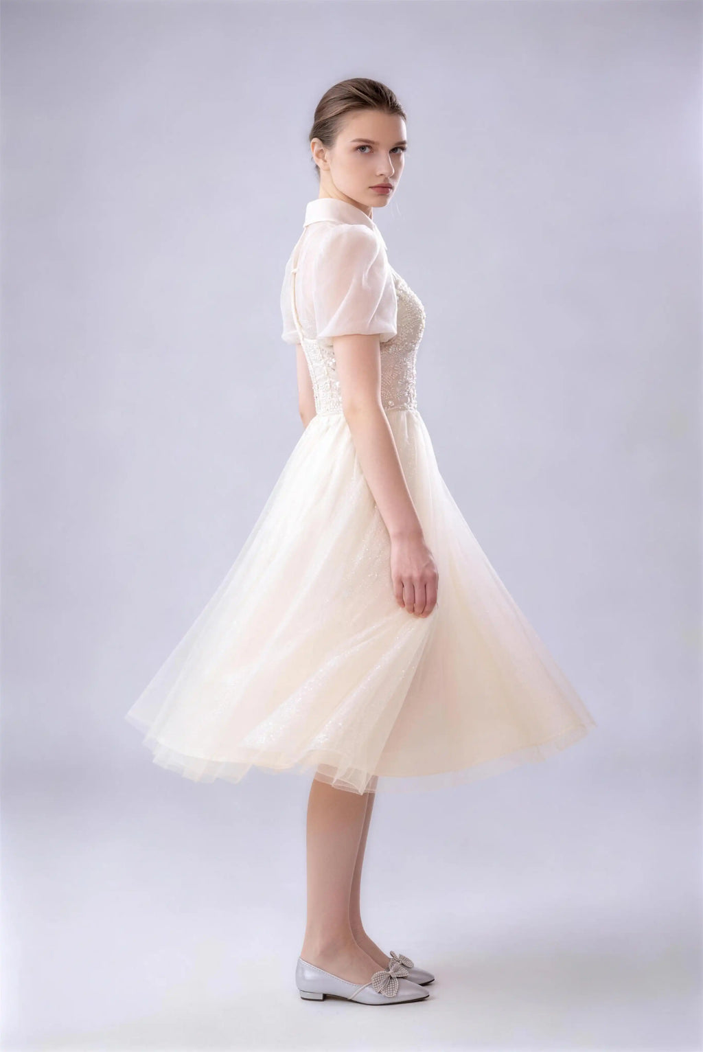 Phoehua Side View of Champagne Sweet Fairy‑Core Evening Gown, Collared Puff‑Sleeve Tie‑Back Corset Beaded‑Floral High‑Waist A‑Line Formal Prom Dress