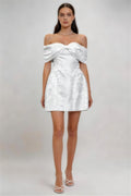 Phoehua White Off‑The‑Shoulder Bow Jacquard Satin Mini Formal Dress, Front View High‑Waist A‑Line Ruffle‑Hem Sexy Wedding Guest Cocktail Evening Gown