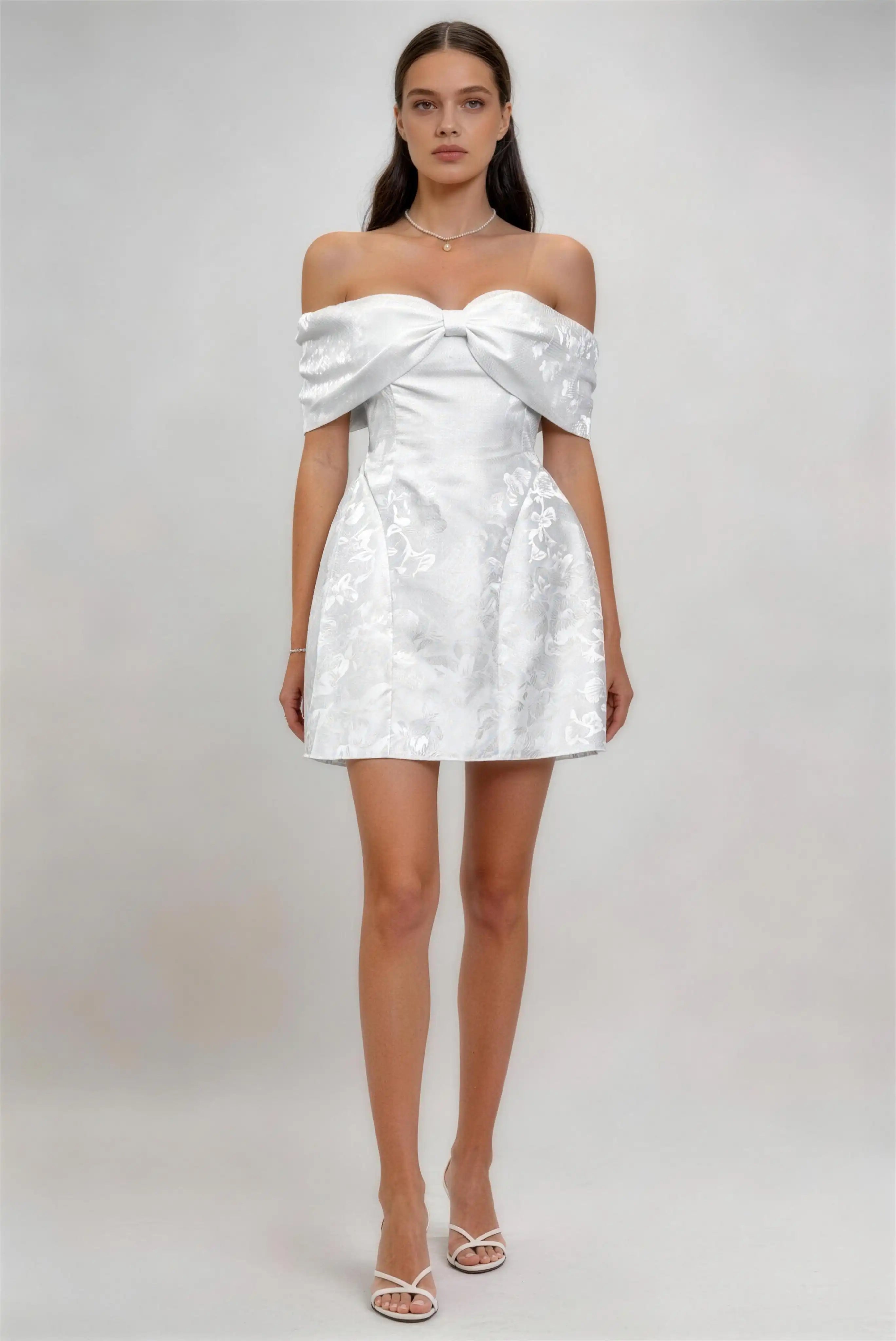 Phoehua White Off‑The‑Shoulder Bow Jacquard Satin Mini Formal Dress, Front View High‑Waist A‑Line Ruffle‑Hem Sexy Wedding Guest Cocktail Evening Gown