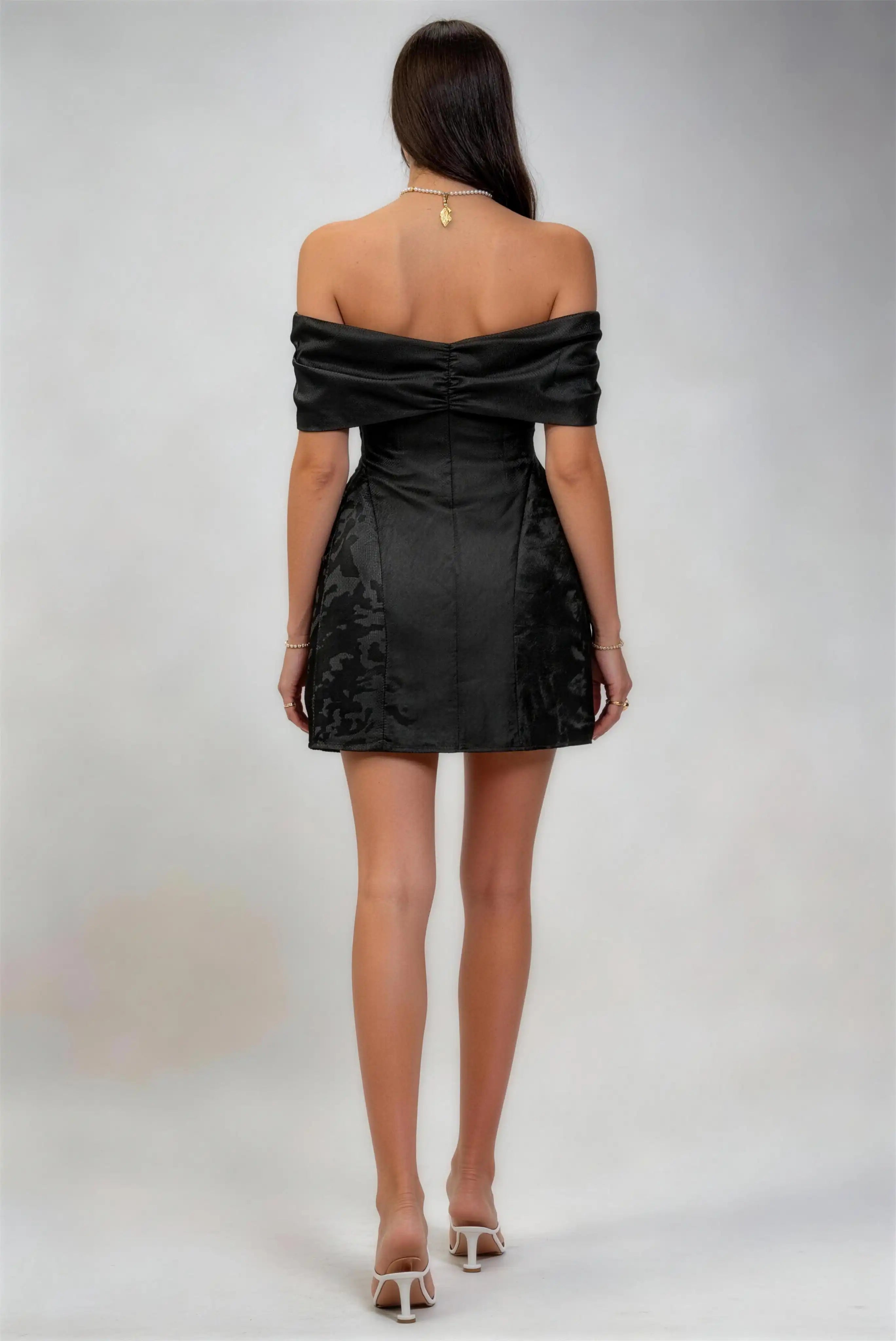 Phoehua Back View of Black Off‑Shoulder Jacquard Satin Mini Dress, Ruched Open‑Back Bow‑Detail High‑Waist A‑Line Sexy Formal Party Gown