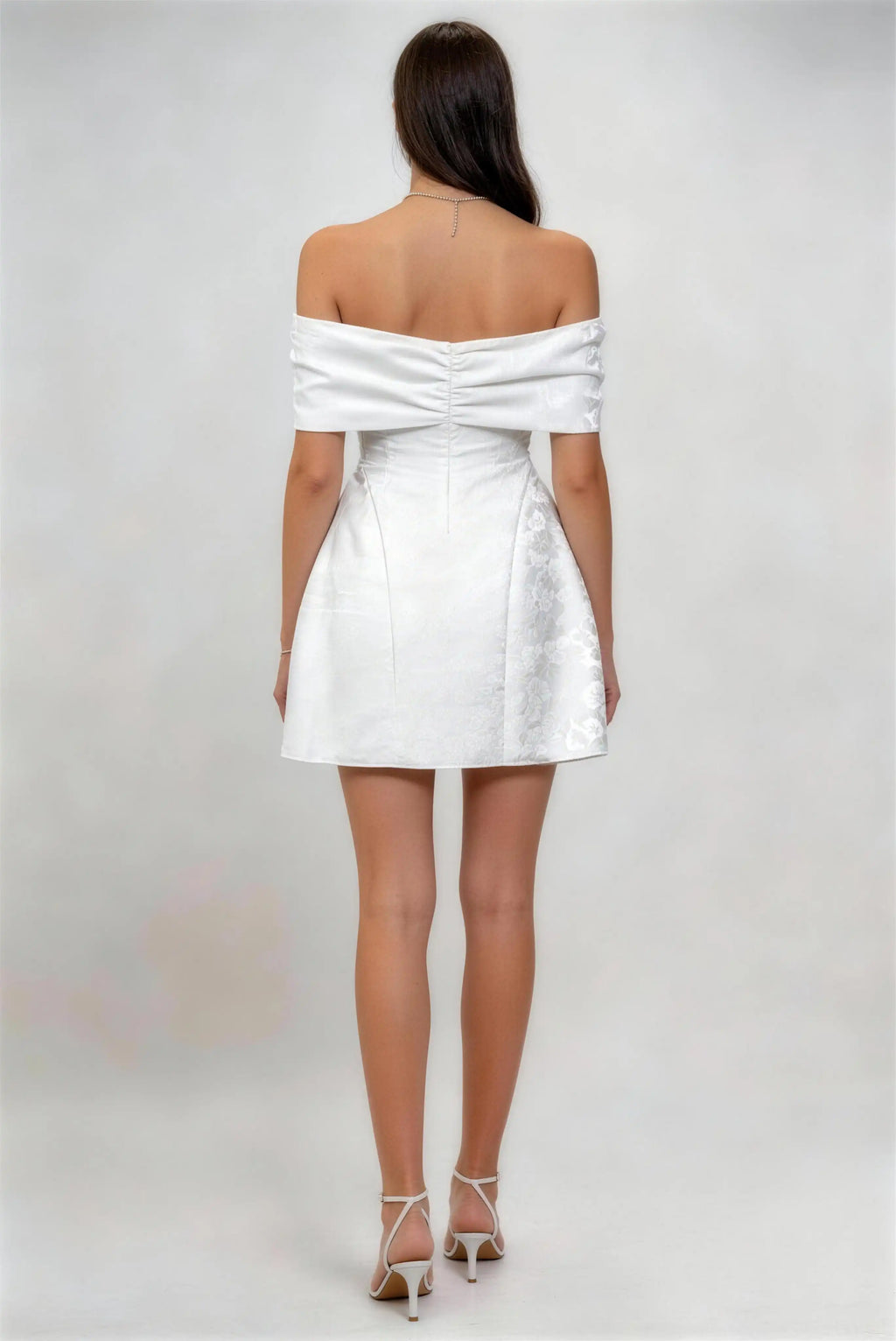 Phoehua Back View of White Off‑Shoulder Jacquard Satin Mini Formal Dress, Ruched Open‑Back Bow‑Detail High‑Waist A‑Line Wedding Guest Evening Gown