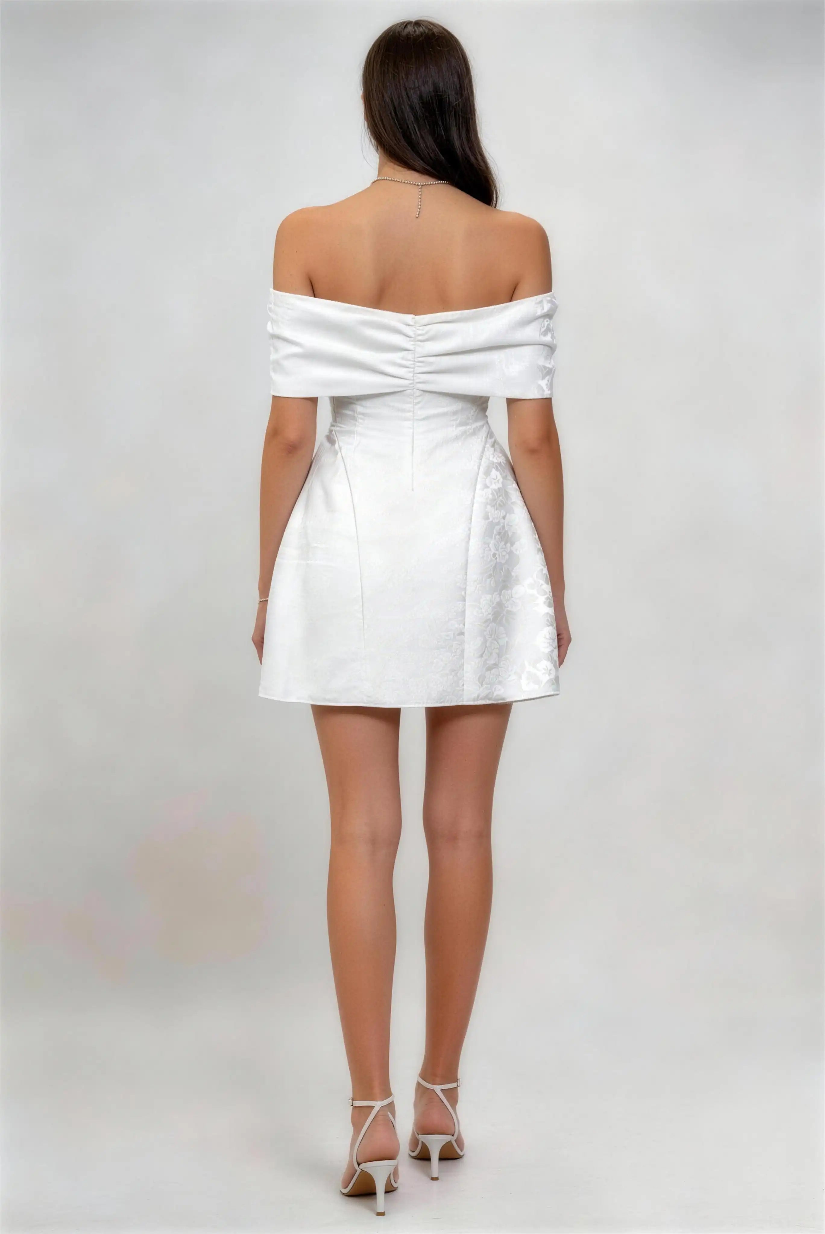 Phoehua Back View of White Off‑Shoulder Jacquard Satin Mini Formal Dress, Ruched Open‑Back Bow‑Detail High‑Waist A‑Line Wedding Guest Evening Gown