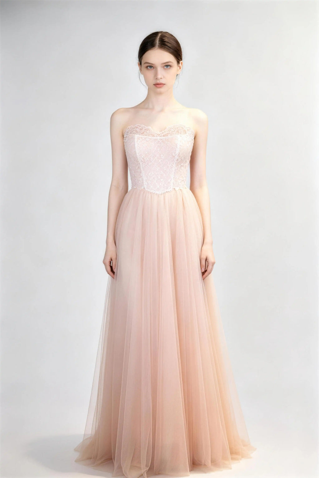 Phoehua Light Pink Strapless Lace Corset Tulle A‑Line Maxi Evening Gown, Front View High‑Waist Romantic Fairy Formal Prom Wedding Guest Bridesmaid Dress With Lace‑Up Back