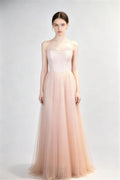 Phoehua Light Pink Strapless Lace Corset Tulle A‑Line Maxi Evening Gown, Front View High‑Waist Romantic Fairy Formal Prom Wedding Guest Bridesmaid Dress With Lace‑Up Back