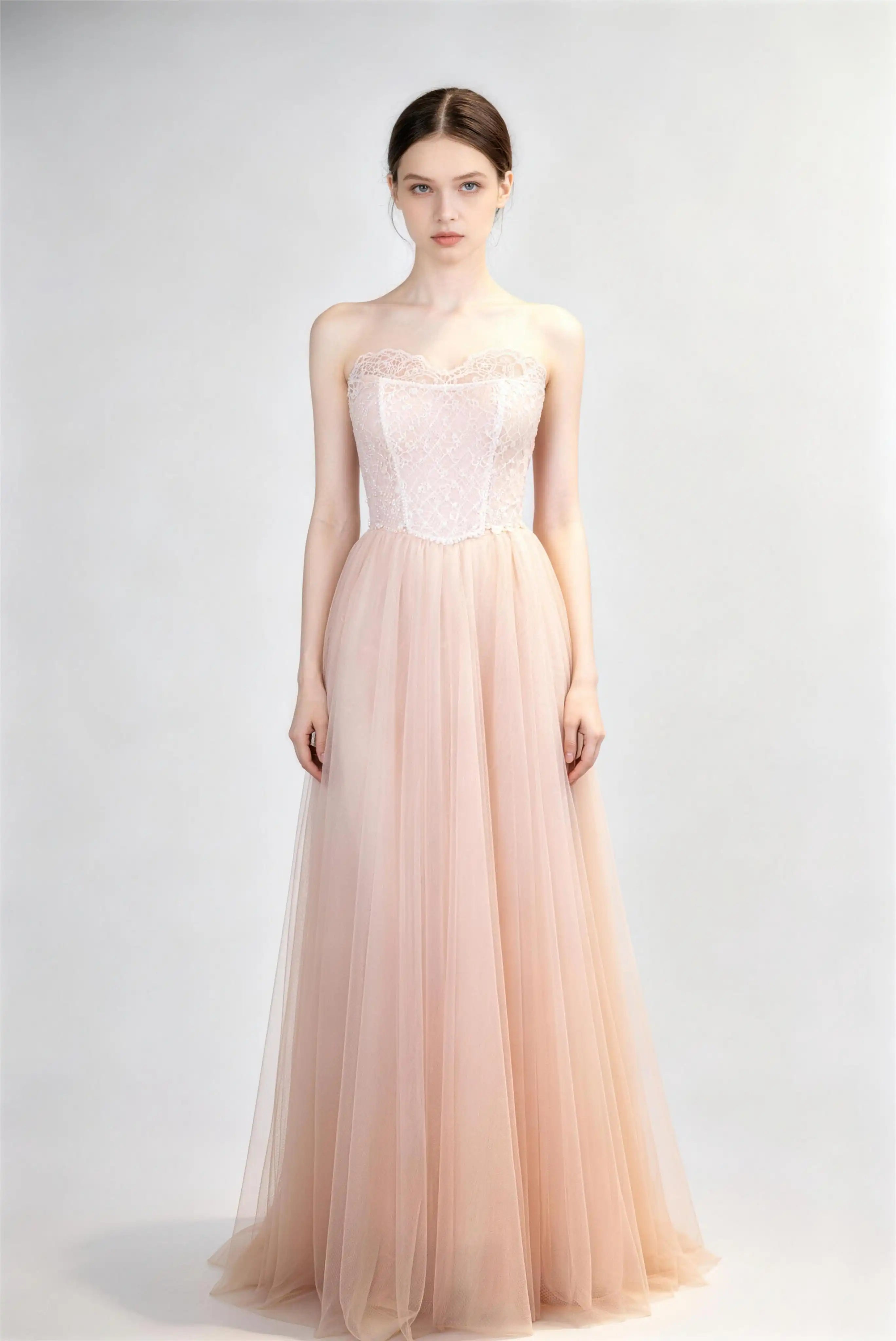 Phoehua Light Pink Strapless Lace Corset Tulle A‑Line Maxi Evening Gown, Front View High‑Waist Romantic Fairy Formal Prom Wedding Guest Bridesmaid Dress With Lace‑Up Back