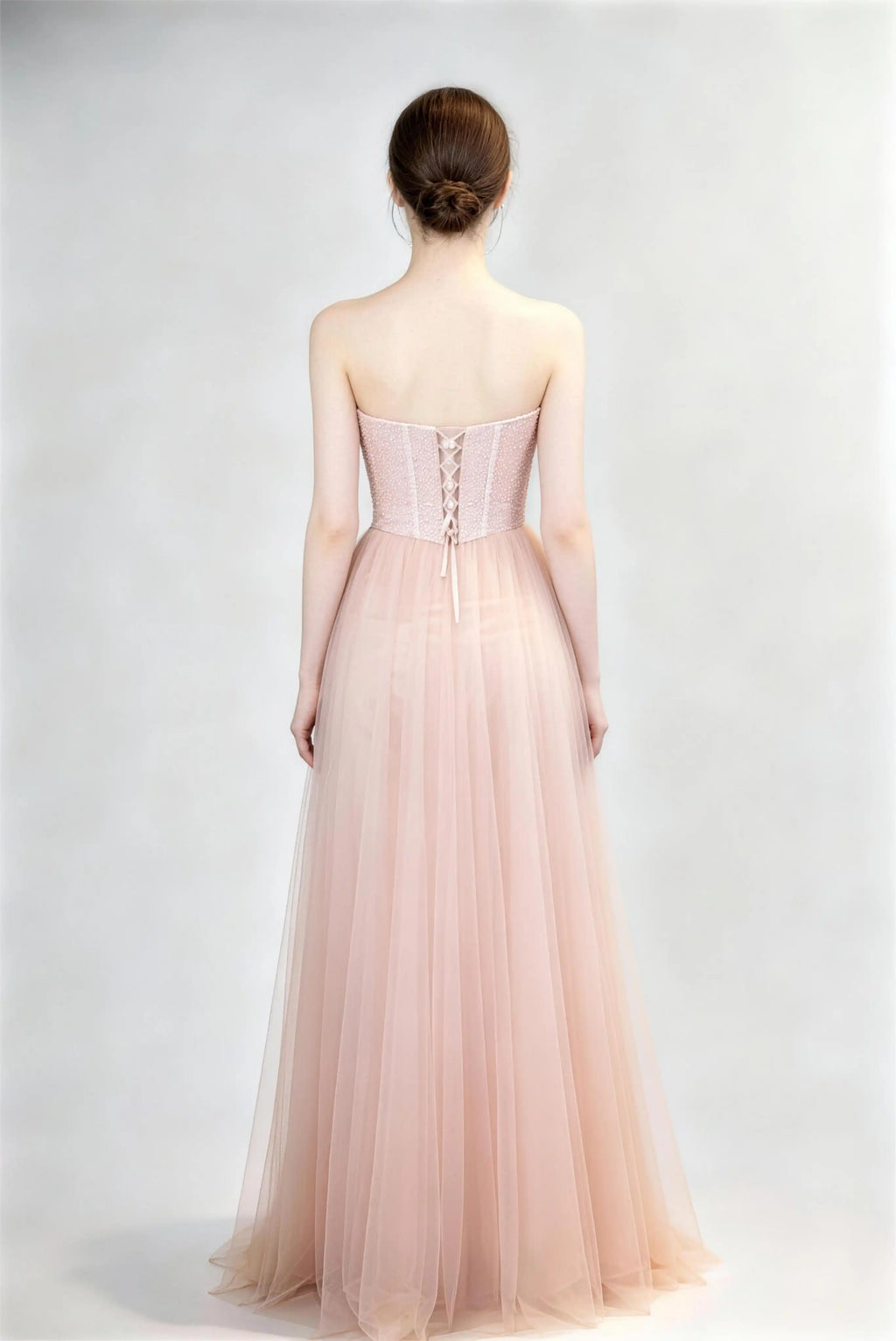 Phoehua Back View of Light Pink Strapless Lace Corset Formal Long Dress, Pearl‑Embellished Lace‑Up‑Back High‑Waist Tulle Fairy‑Core Bridesmaid Evening Gown