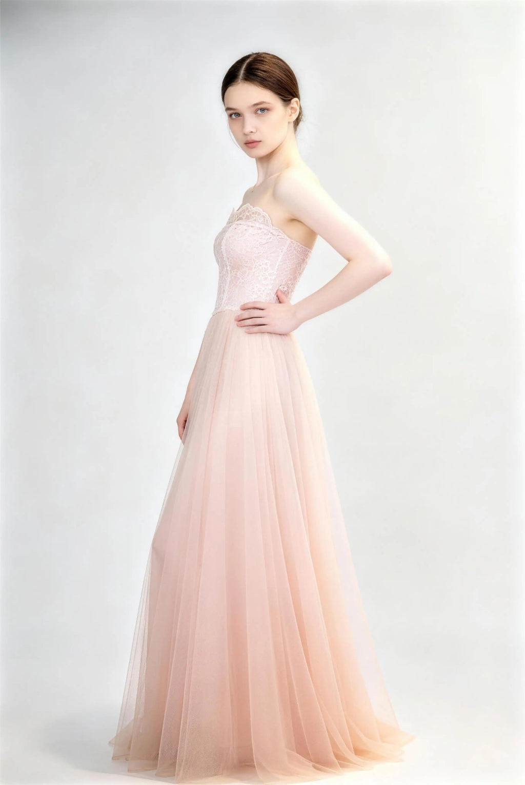 Phoehua Side View of Light Pink Dreamy Romantic Evening Gown, Strapless Lace‑Corset Lace‑Up‑Back High‑Waist Tulle A‑Line Formal Prom Dress